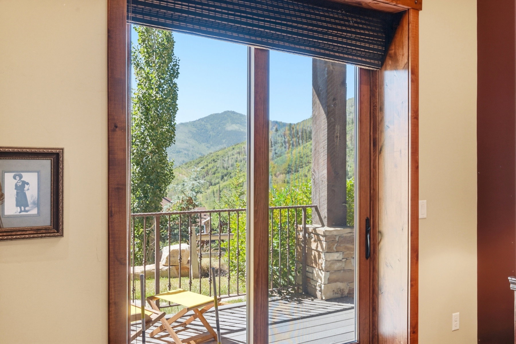 Glass patio door with dark wood trim, opening to an outdoor balcony