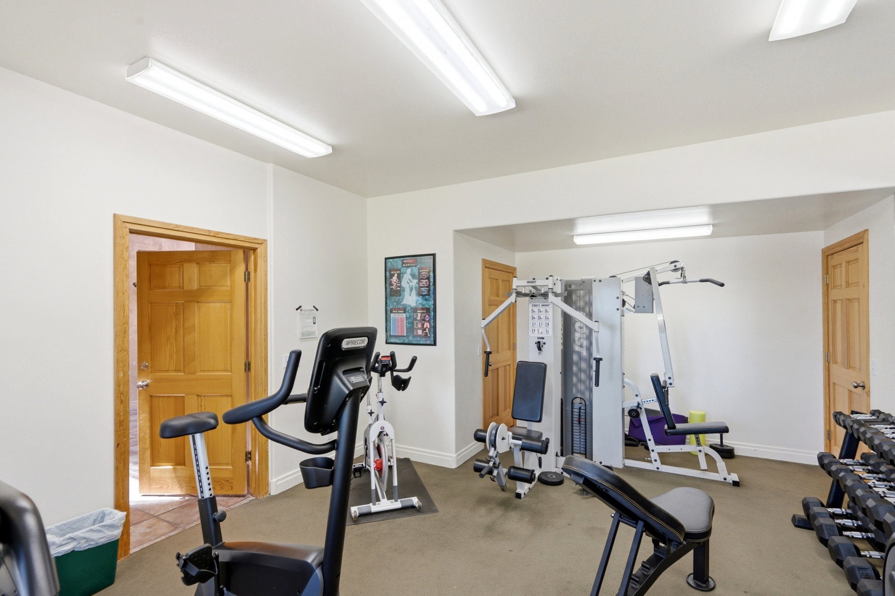 Dedicated fitness room featuring recessed lighting, a multi-station gym system, and oak paneled doors