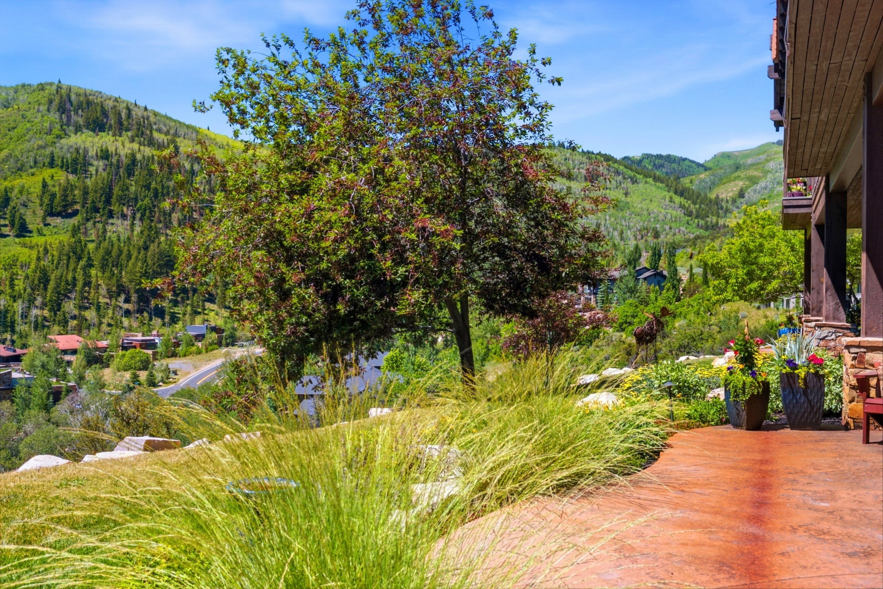 Expansive outdoor patio with stamped concrete flooring and stone accents