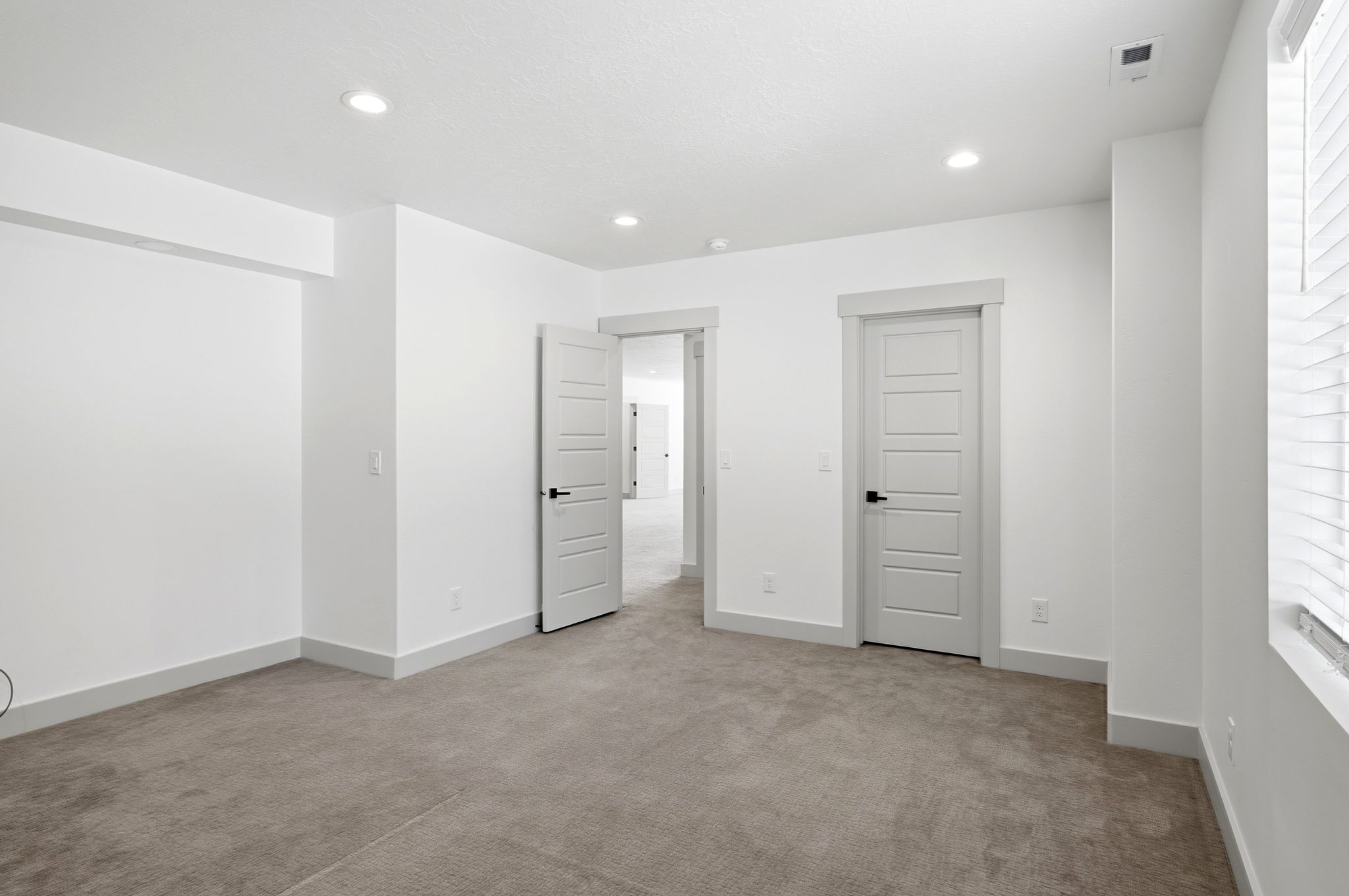 Spacious interior room featuring plush carpet flooring, recessed lighting, and crisp white walls with contrasting trim