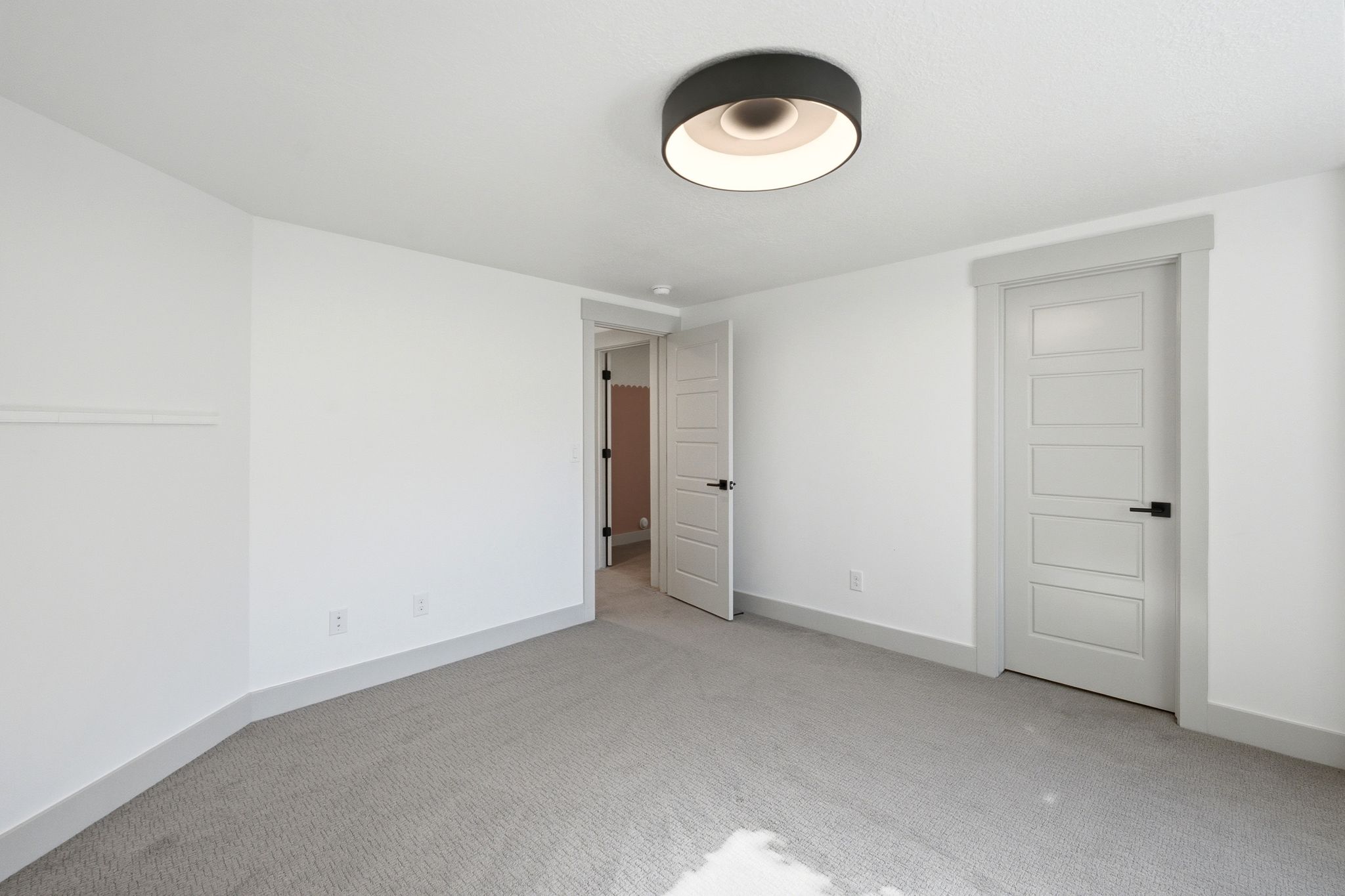 Carpeted interior space featuring white walls and a contemporary flush-mount ceiling light