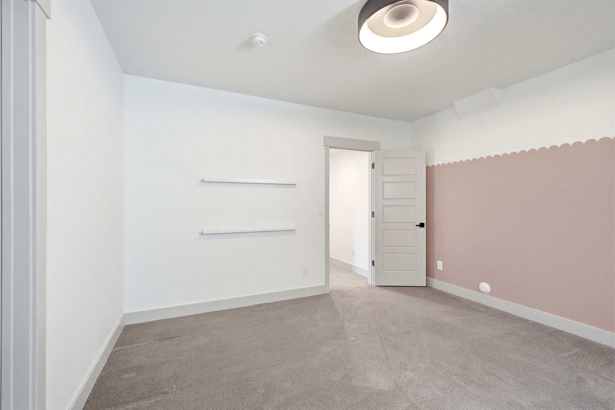 Interior room featuring light gray carpeting, a contemporary ceiling light fixture, a paneled interior door with matte black hardware, and two built-in wall shelves