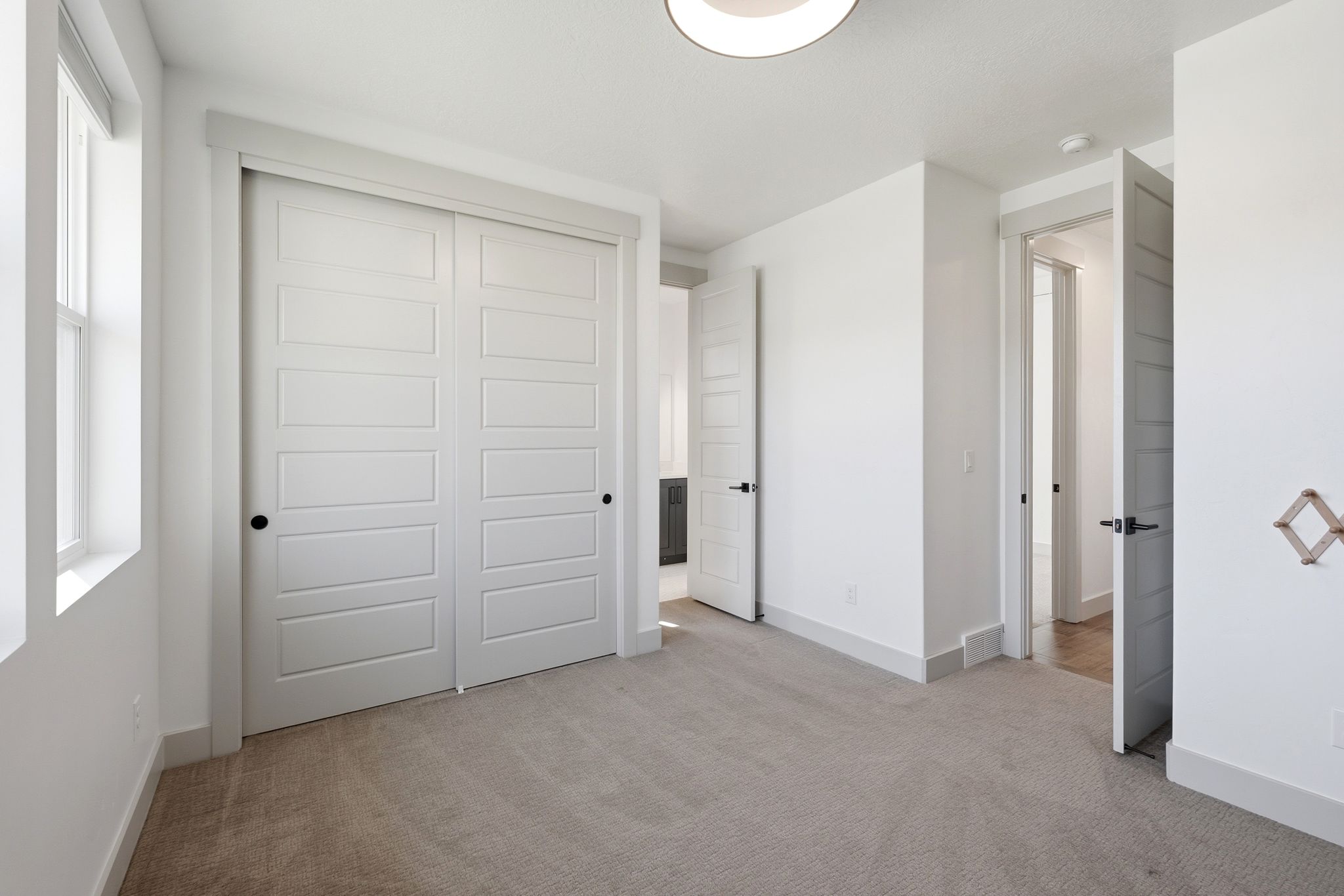 Bright room featuring plush carpeting, white trim, and a window with natural light