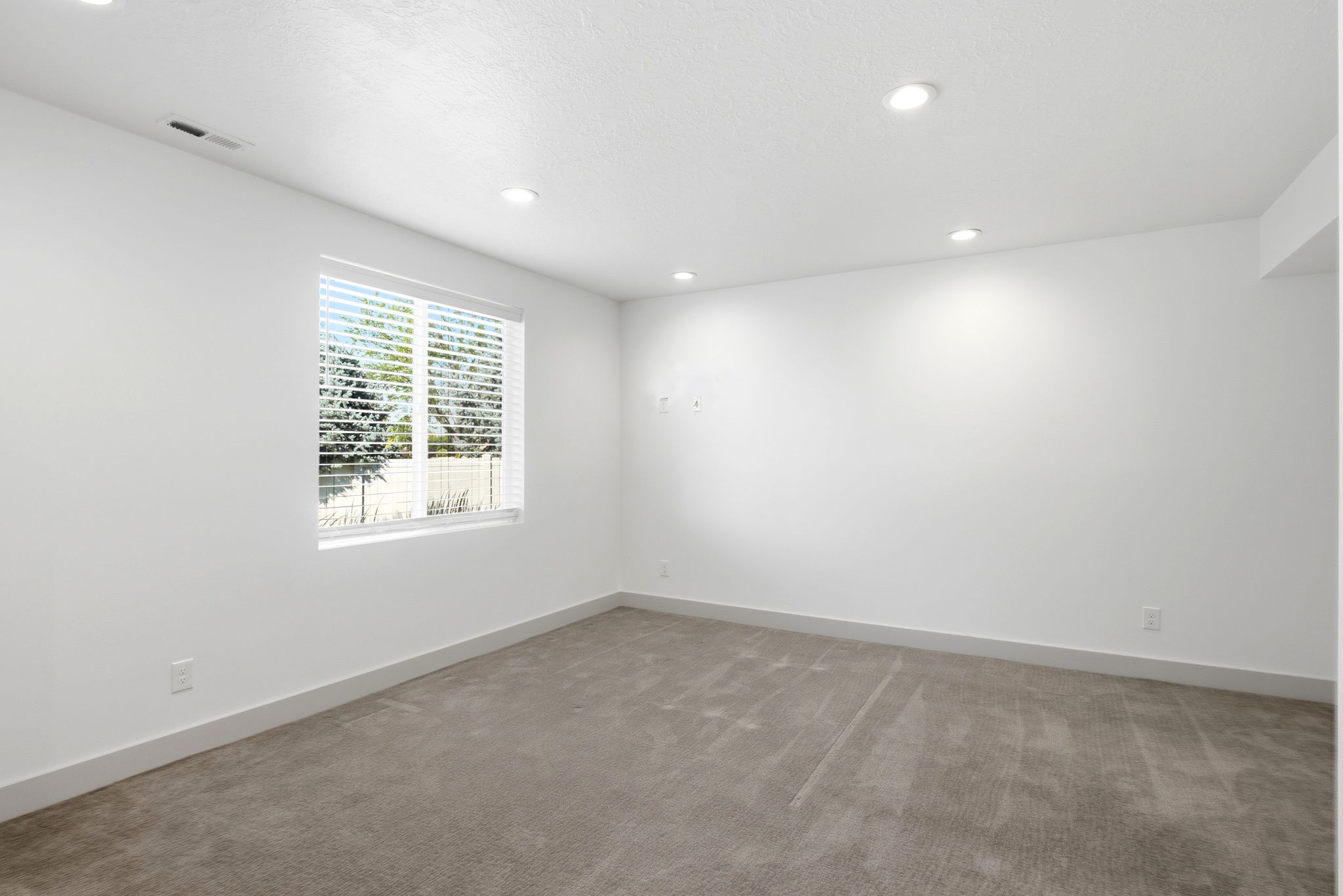 Bright interior room featuring a window with horizontal blinds, recessed ceiling lighting, and neutral-toned carpeting