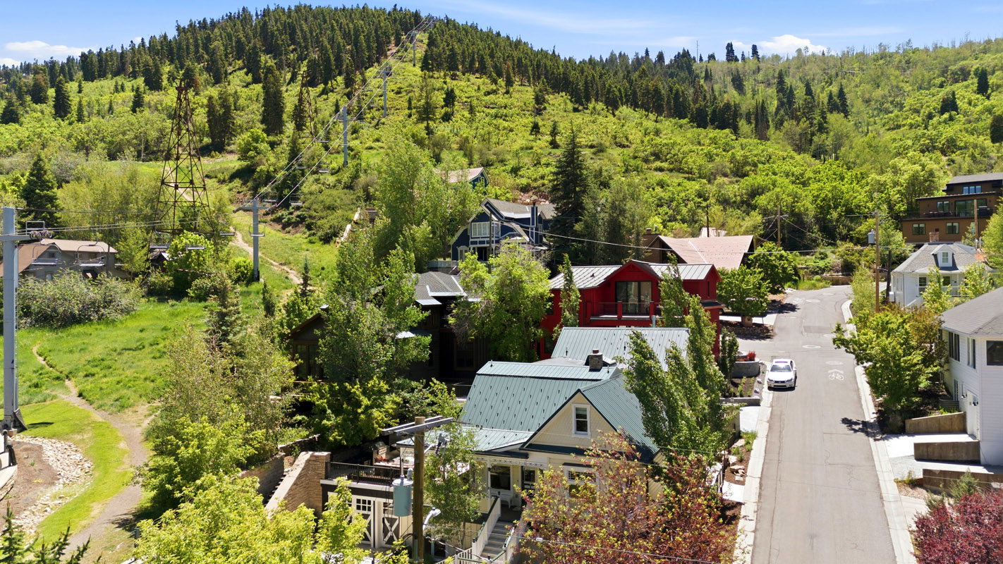 Residential street with multiple homes, mature trees, and a mountain backdrop