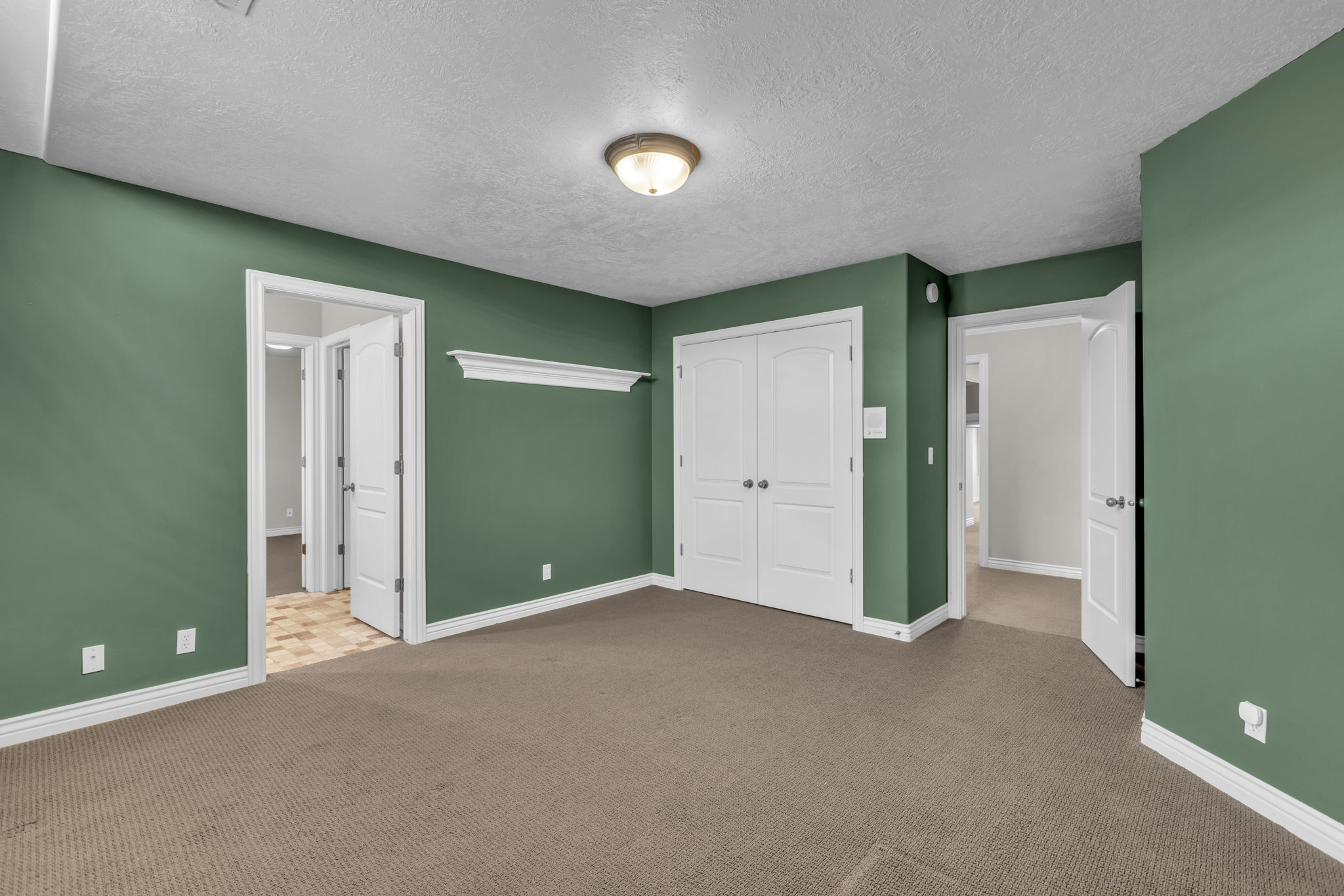 Carpeted room featuring dark green walls and white baseboards