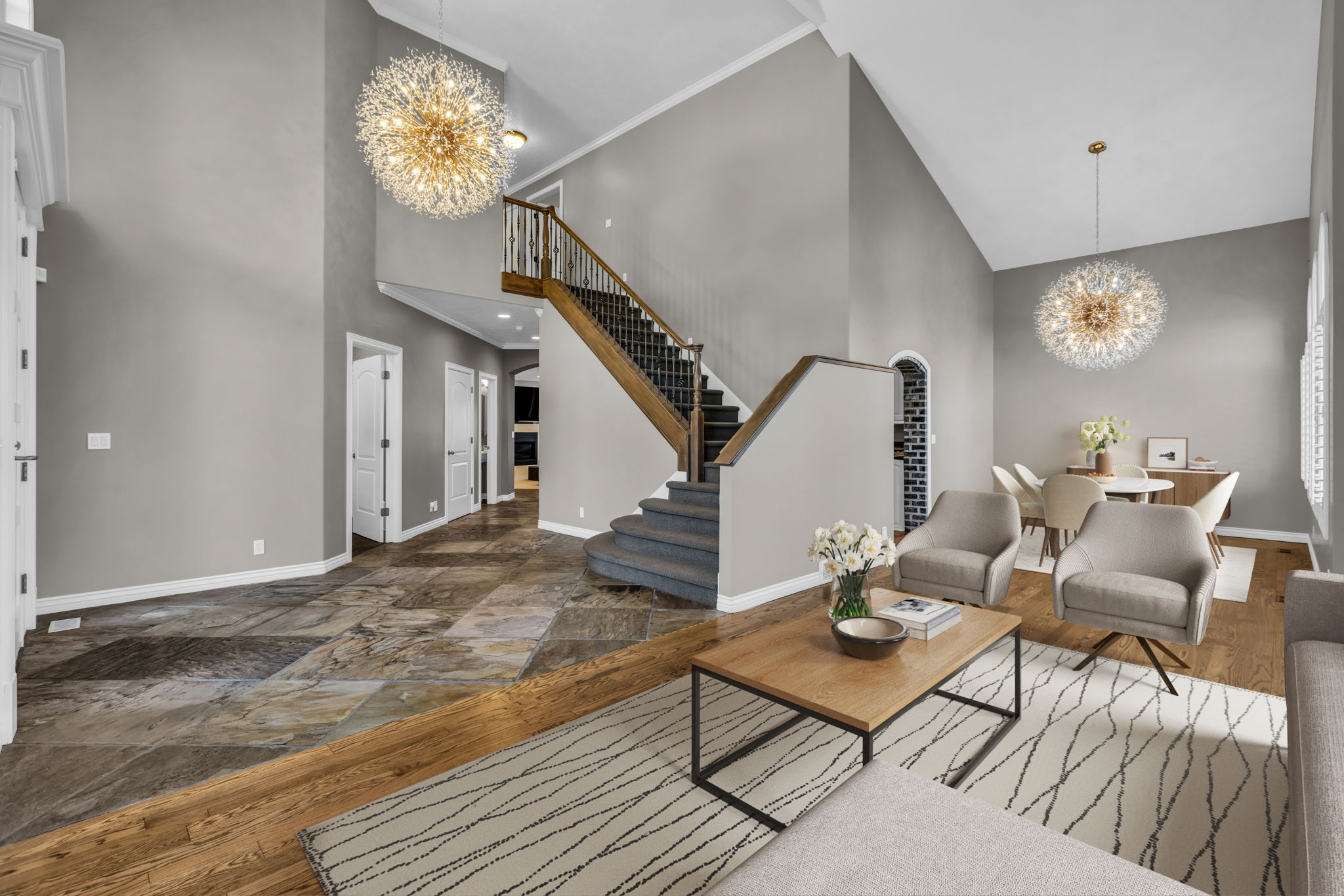 Vaulted ceilings with contemporary chandeliers