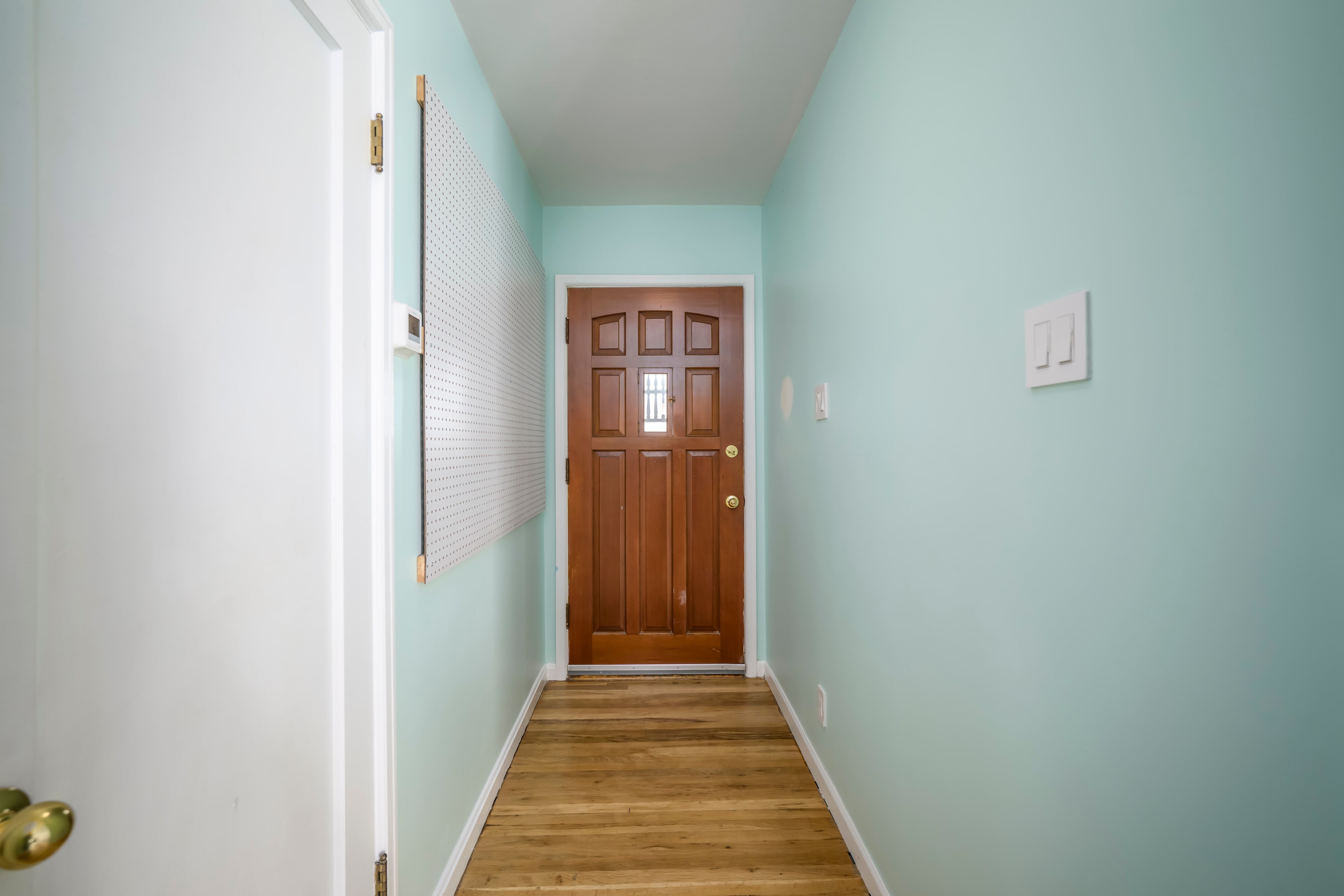 Entryway featuring a paneled wood door with a small window, wood-finish flooring, and light blue walls