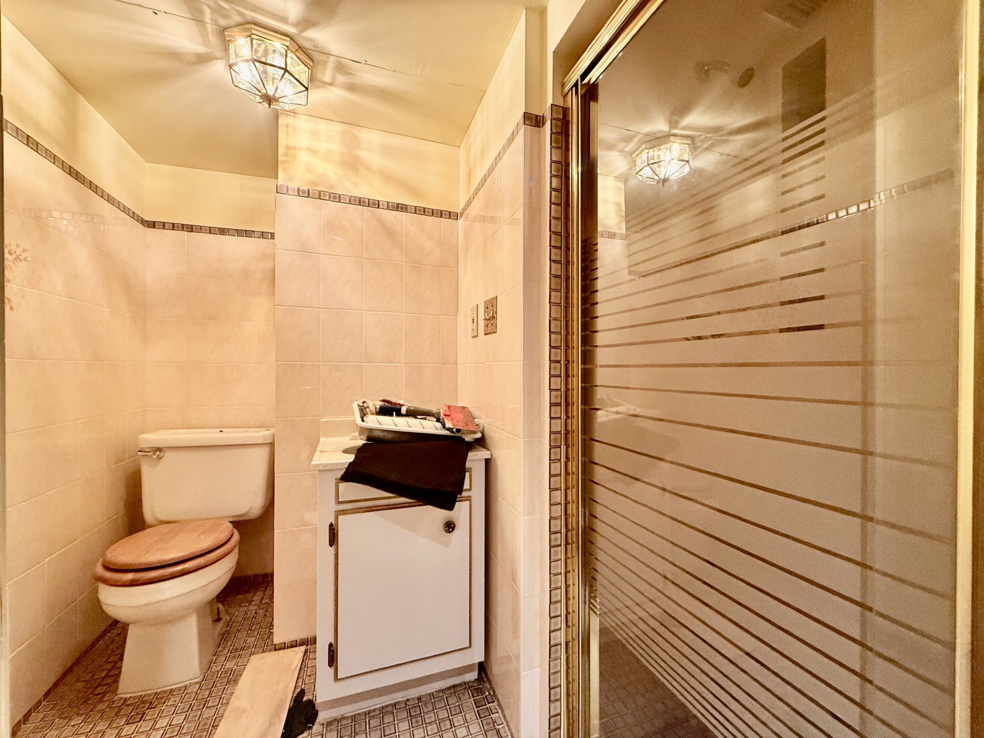 Bathroom featuring a tiled shower with a frosted glass enclosure, a vanity with a white cabinet, and a white toilet with a wood-finish seat