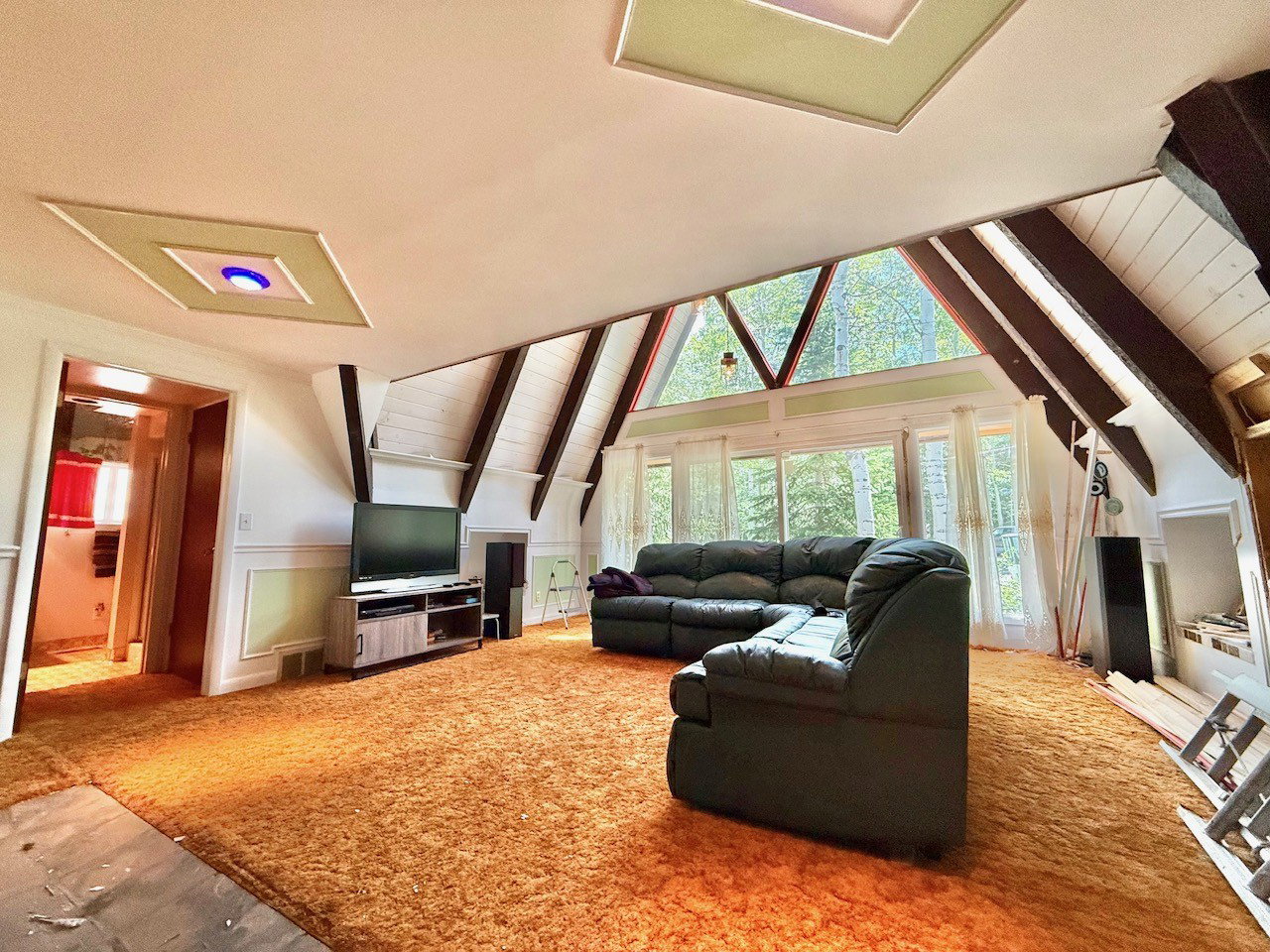 Vaulted ceiling with exposed beams and skylights complement the full wall of windows