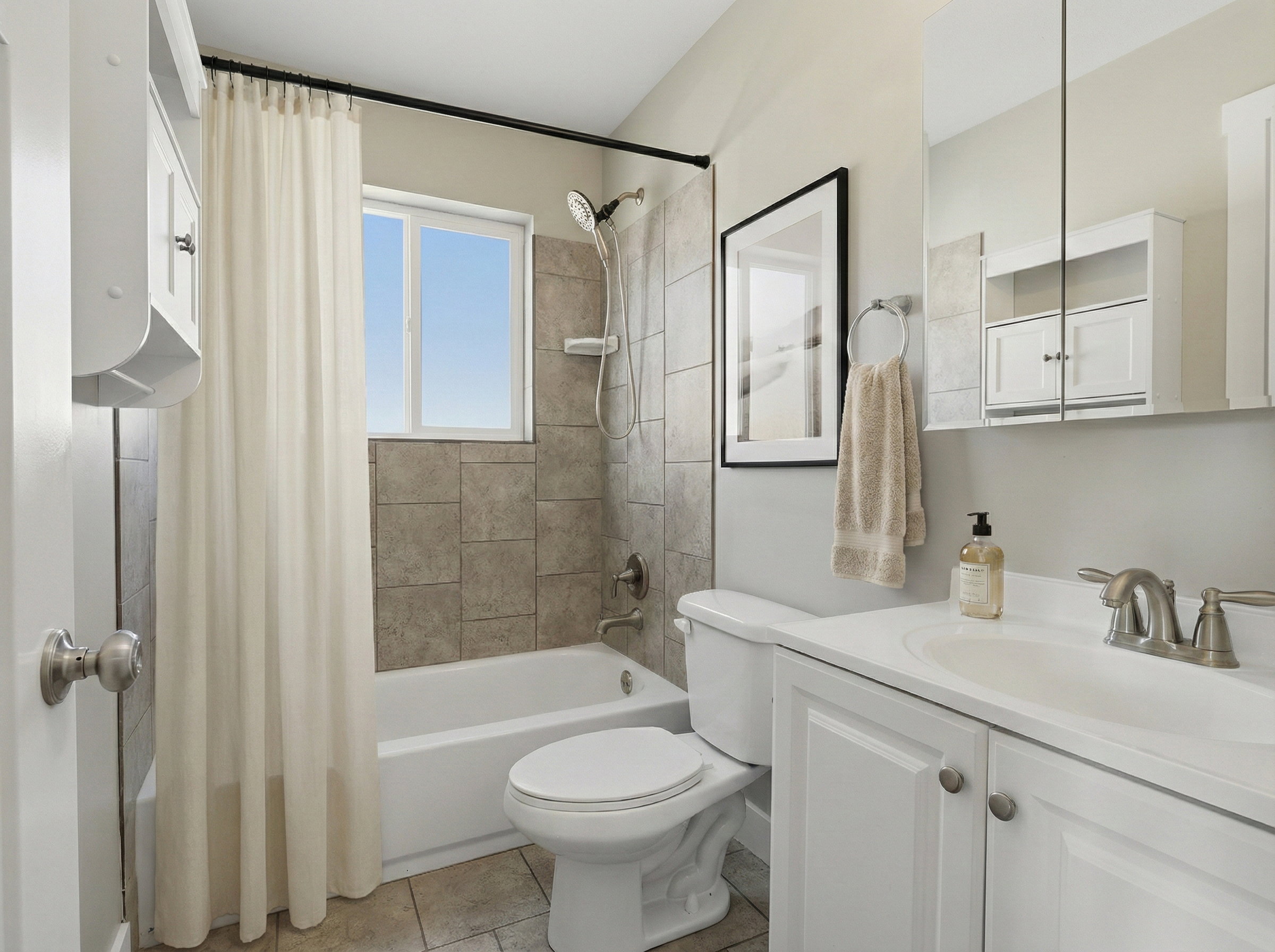 Bathroom featuring a white vanity with built-in sink, brushed nickel faucet, and a large mirrored medicine cabinet