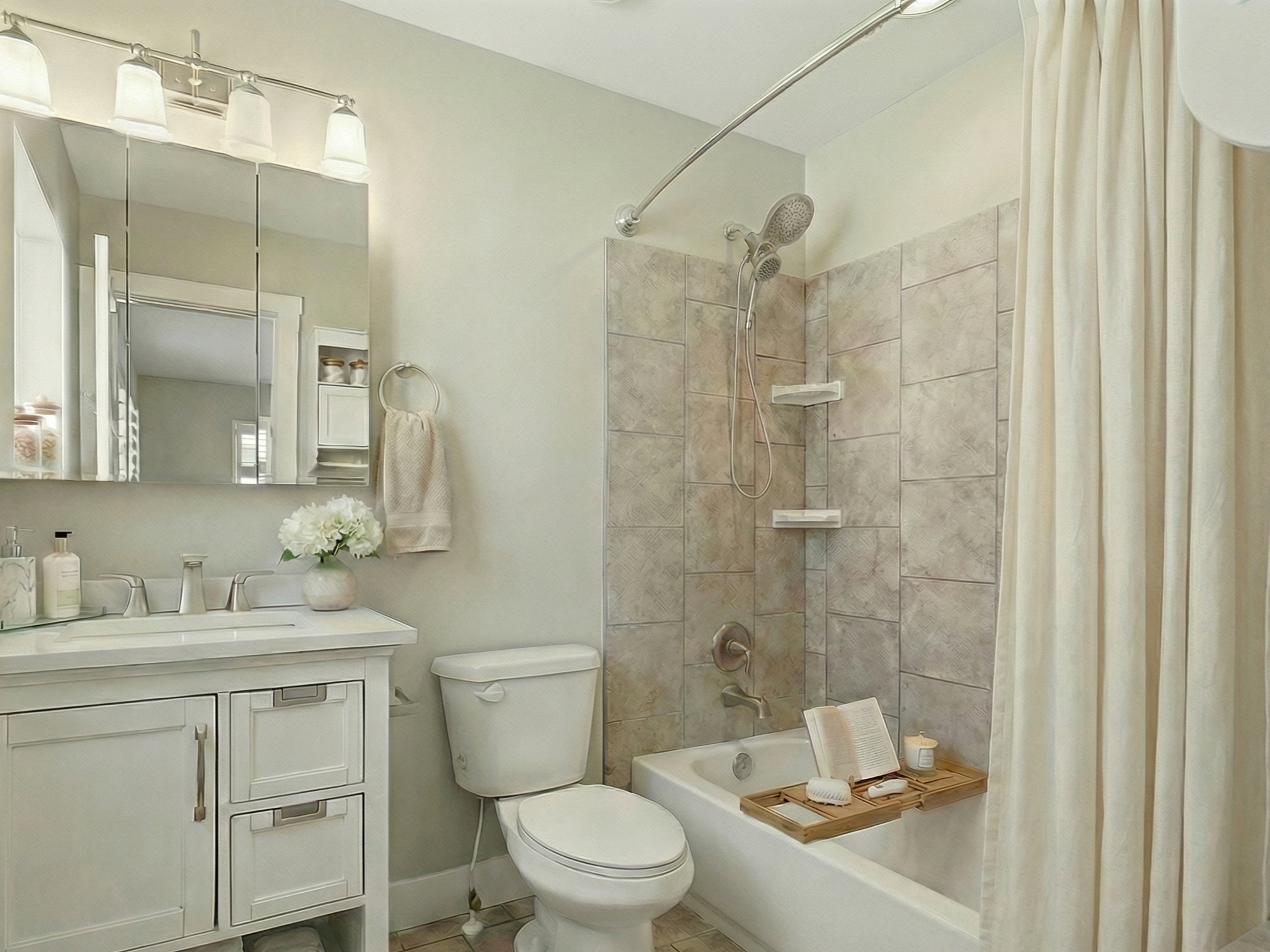 Bathroom featuring a white vanity with integrated sink, coordinating wall-mounted medicine cabinet with overhead lighting, and a bathtub with tile surround