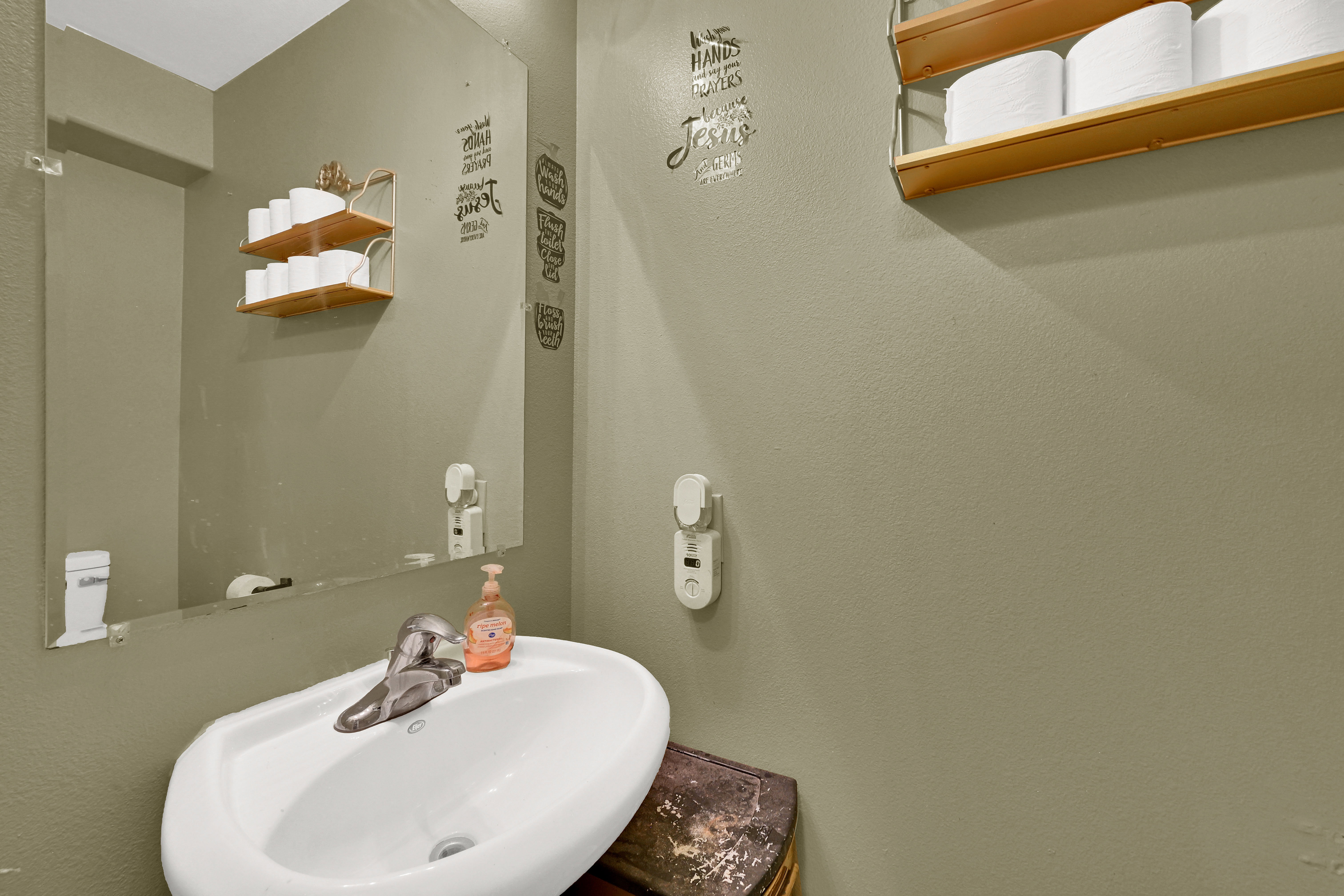 Pedestal sink with chrome faucet, main level, mirror, and two-tier wood shelving