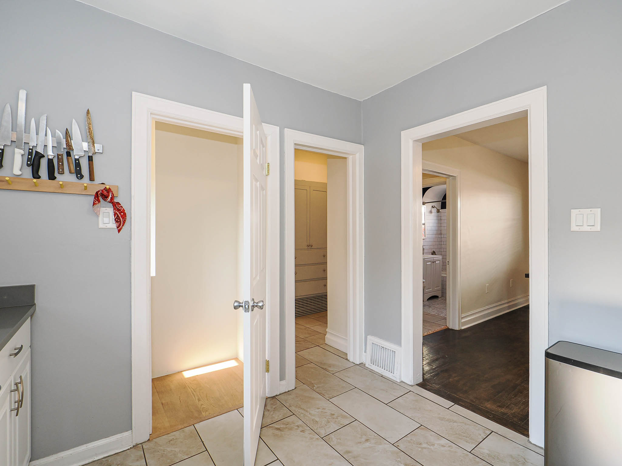 Light gray painted walls complementing white trim and multiple doorways