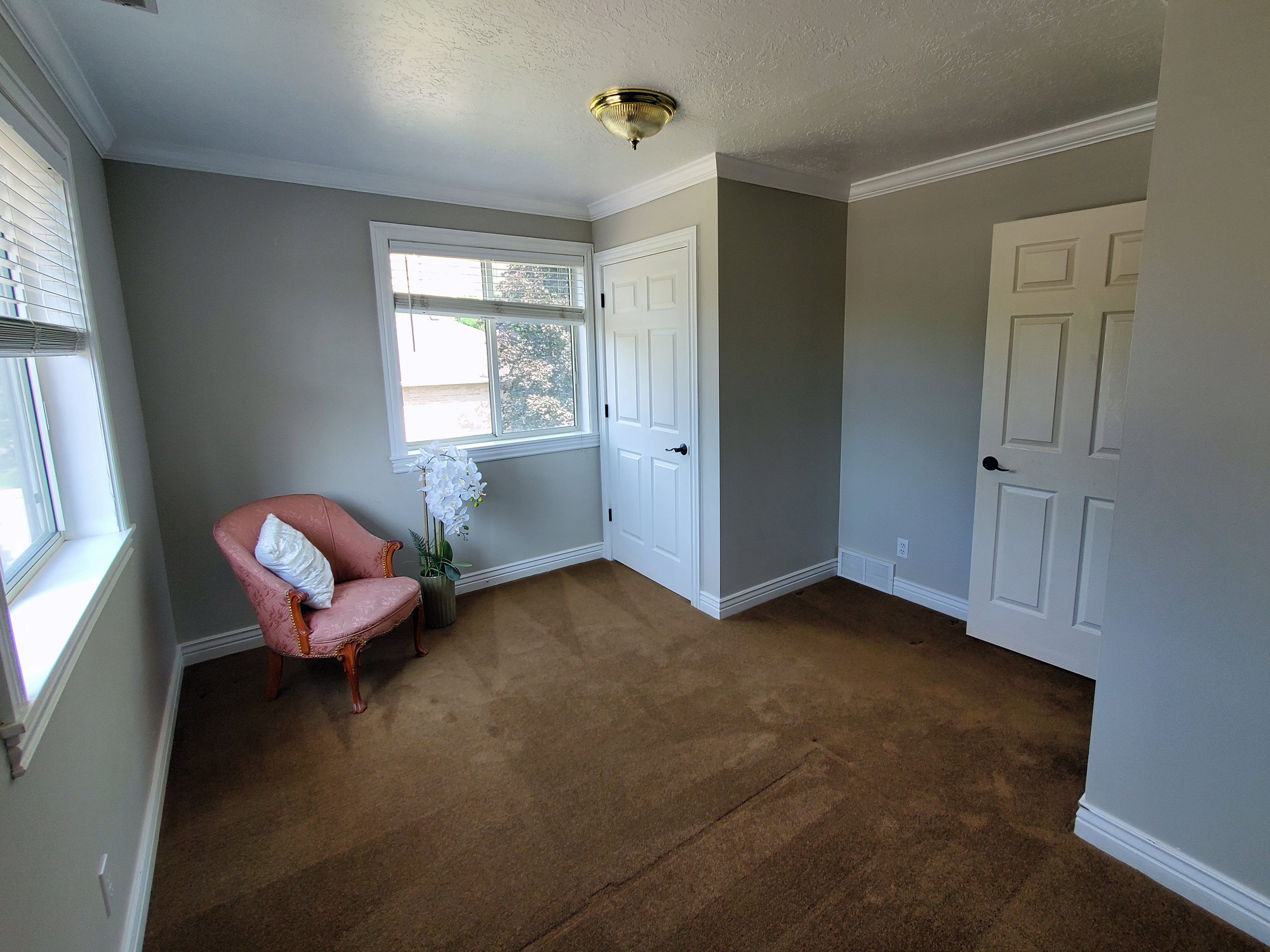 Inviting room featuring two windows with blinds, crown molding, two paneled doors with black hardware, and brown carpeting