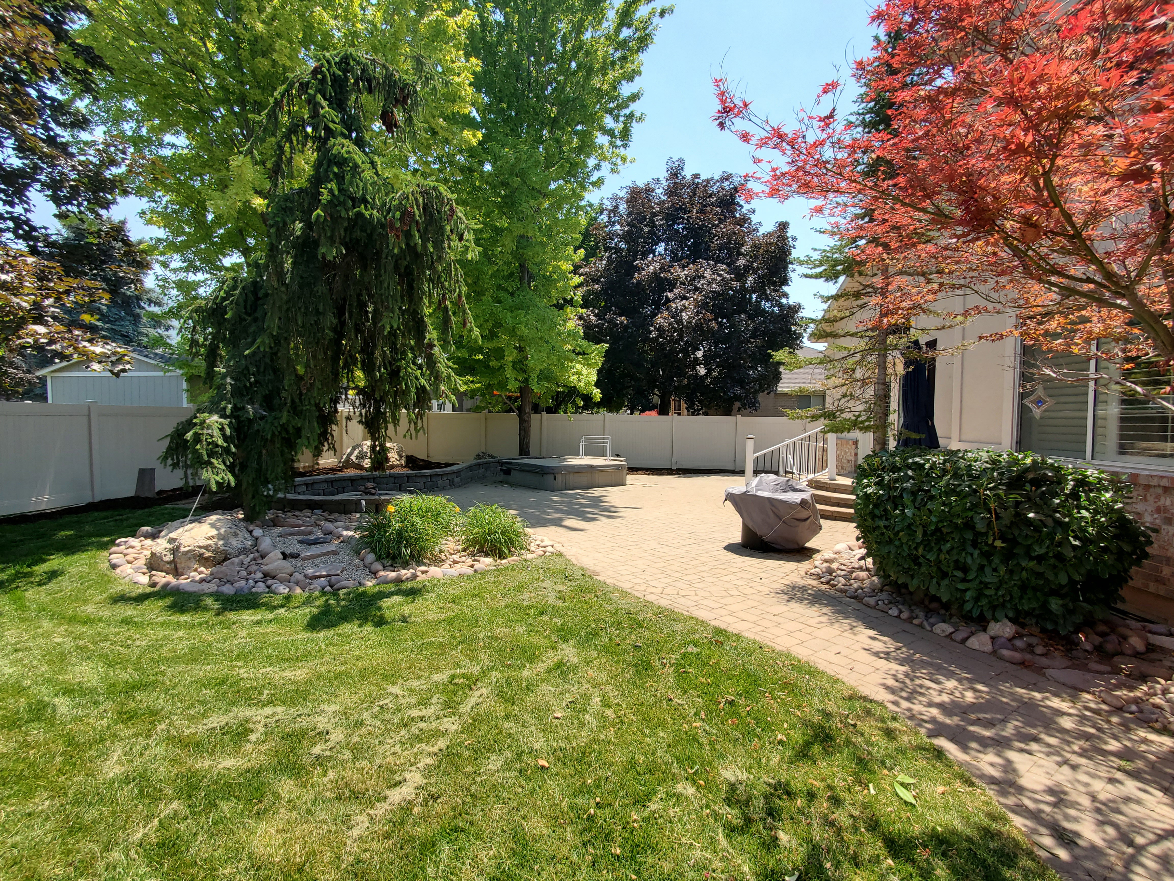 Backyard featuring a paved patio area, green lawn, and a light-colored privacy fence