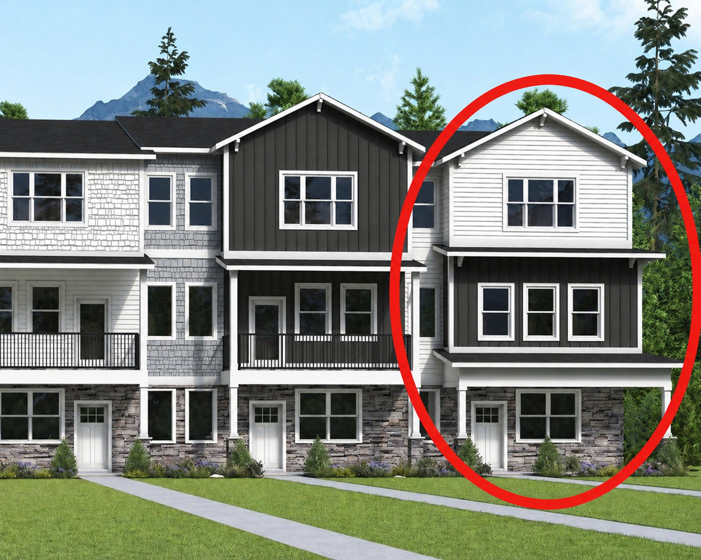 Exterior rendering of the townhome on an end corner homesite.