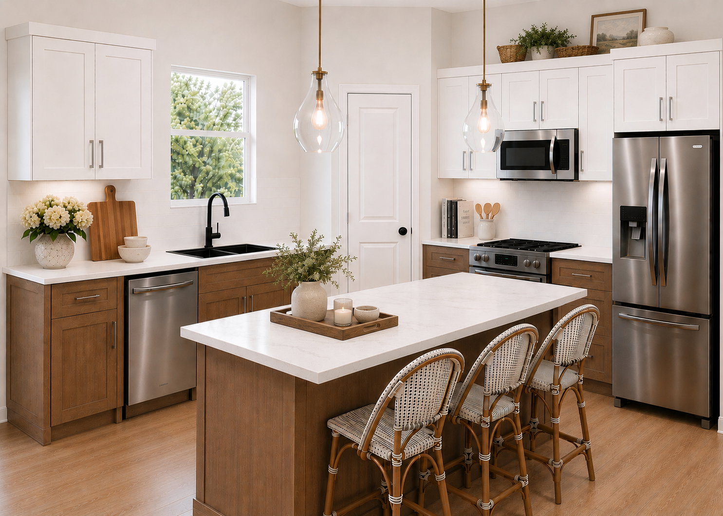 Rendering of kitchen layout and design finishes.
