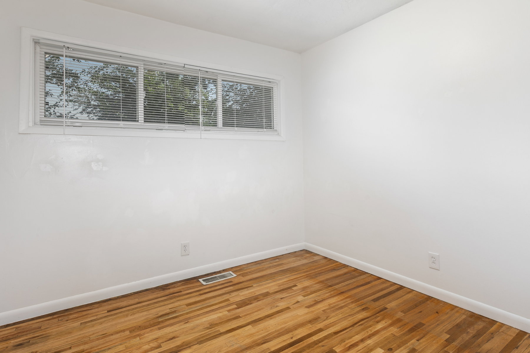 Bright interior space featuring wood-finish flooring, white baseboards, and a wide window with horizontal blinds