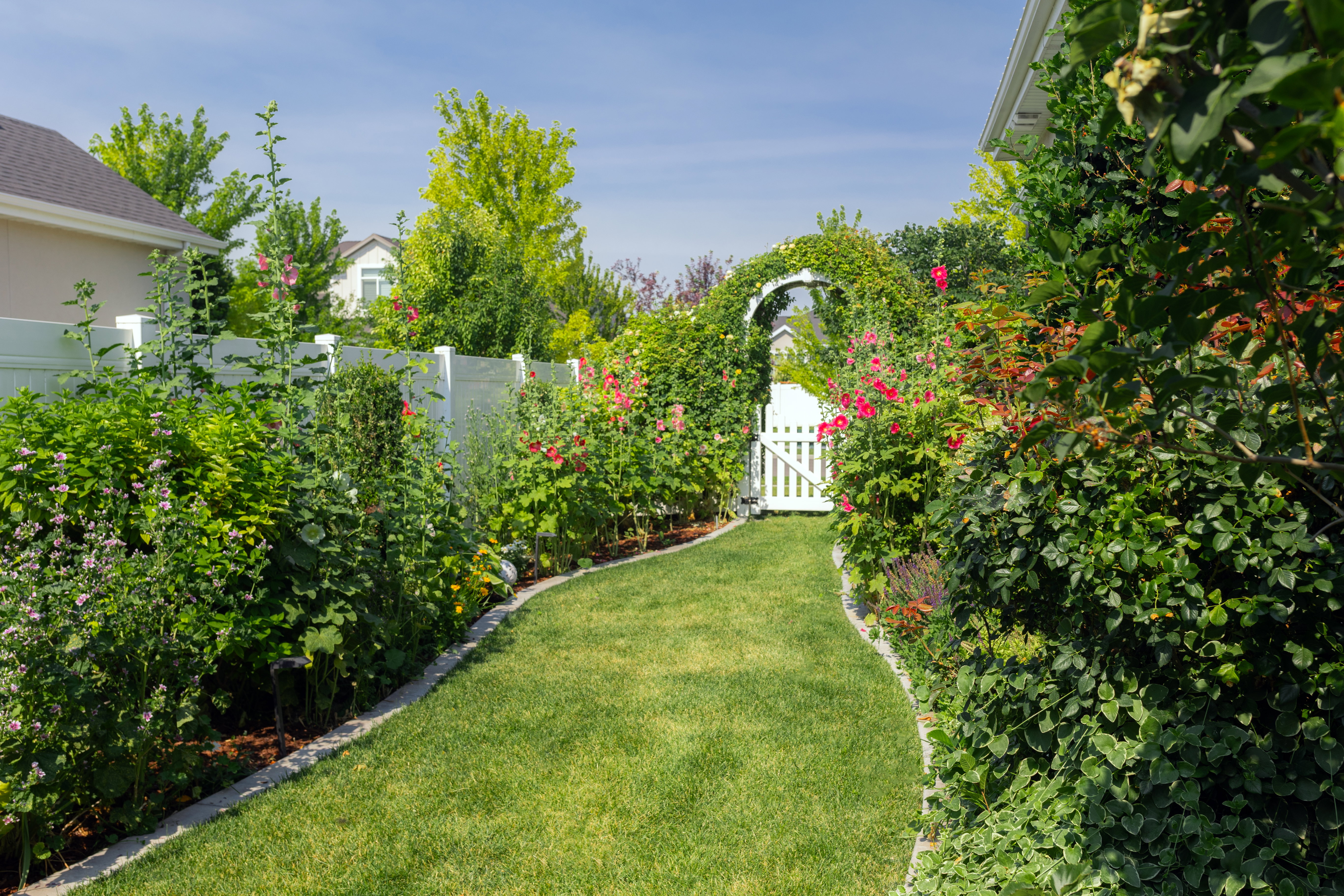 South side of home leading to backyard with mature garden beds.
