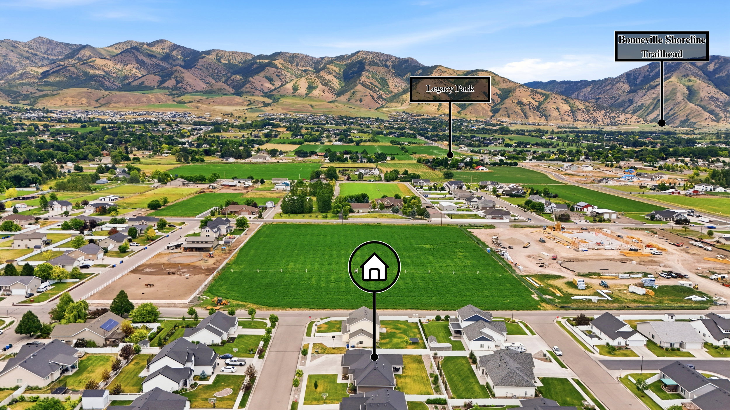 Aerial perspective showcasing a residential area with varied housing styles