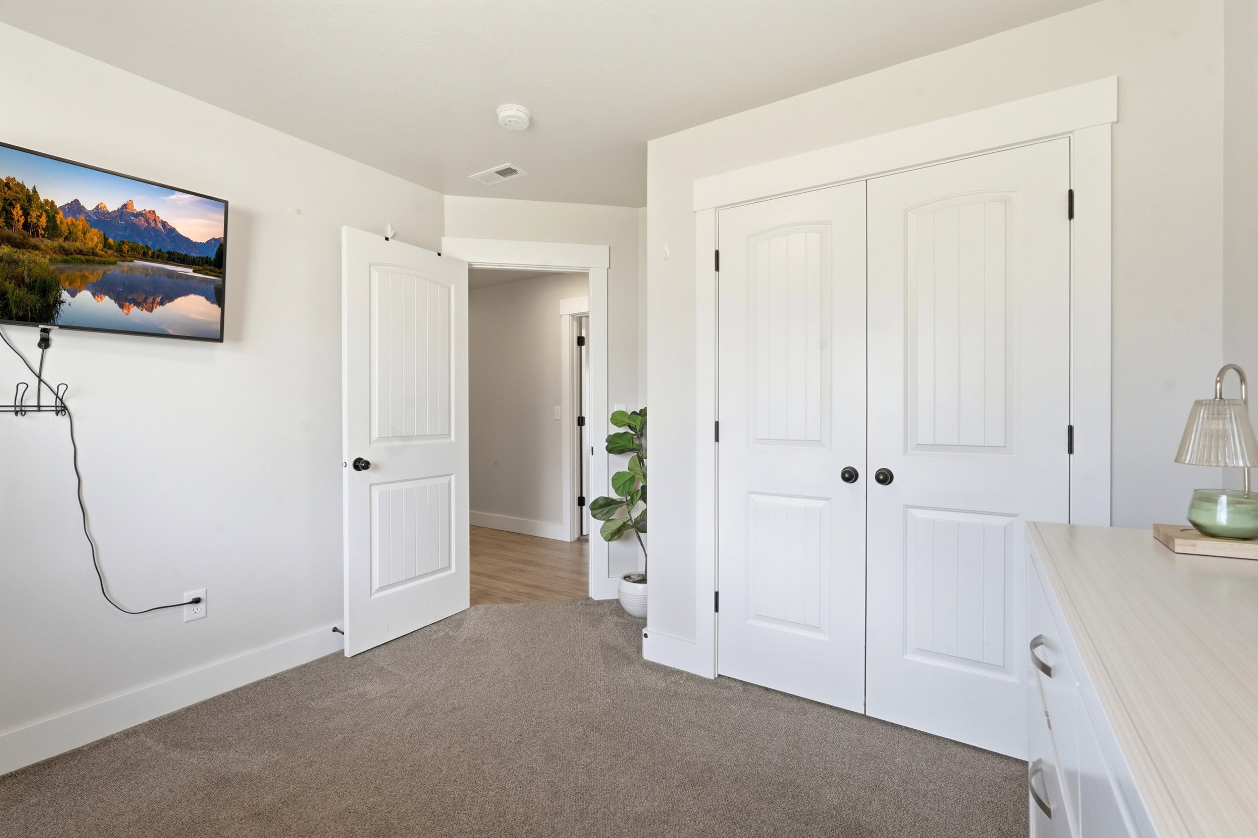 White paneled doors with black hardware, neutral carpeting, light gray wall paint, and white trim
