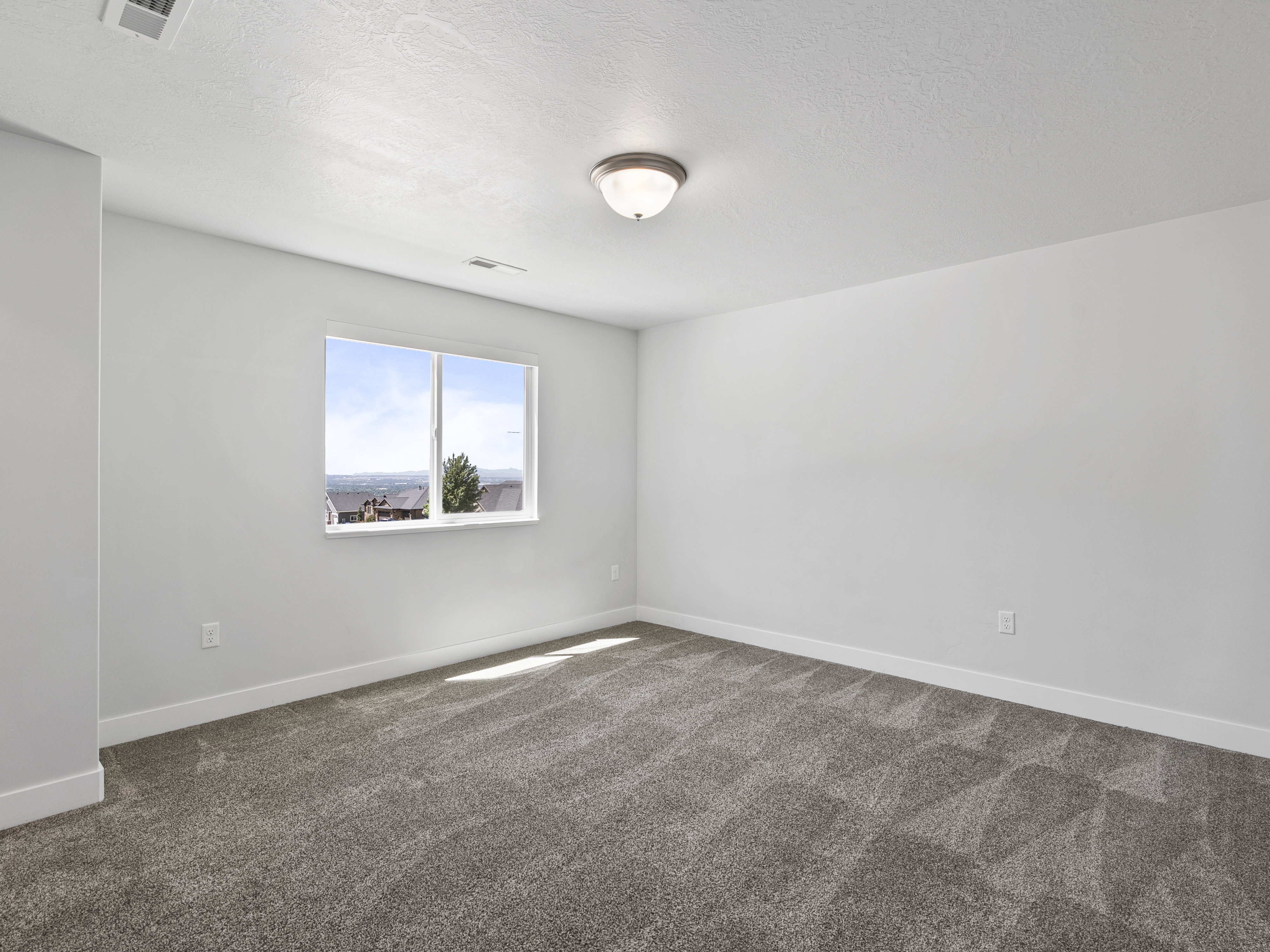 Bright room featuring a large window, neutral gray carpeting, white baseboards, and a flush mount ceiling light fixture
