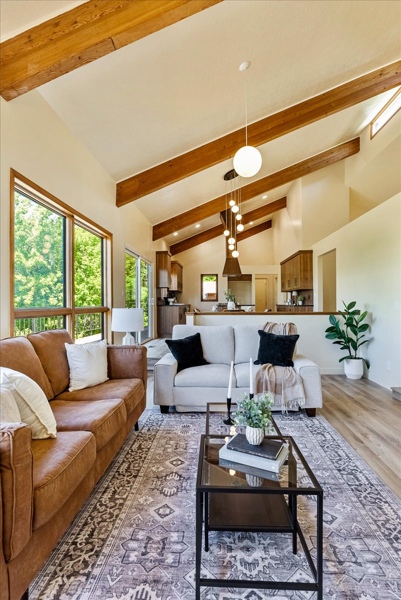 Vaulted ceilings with exposed wood beams