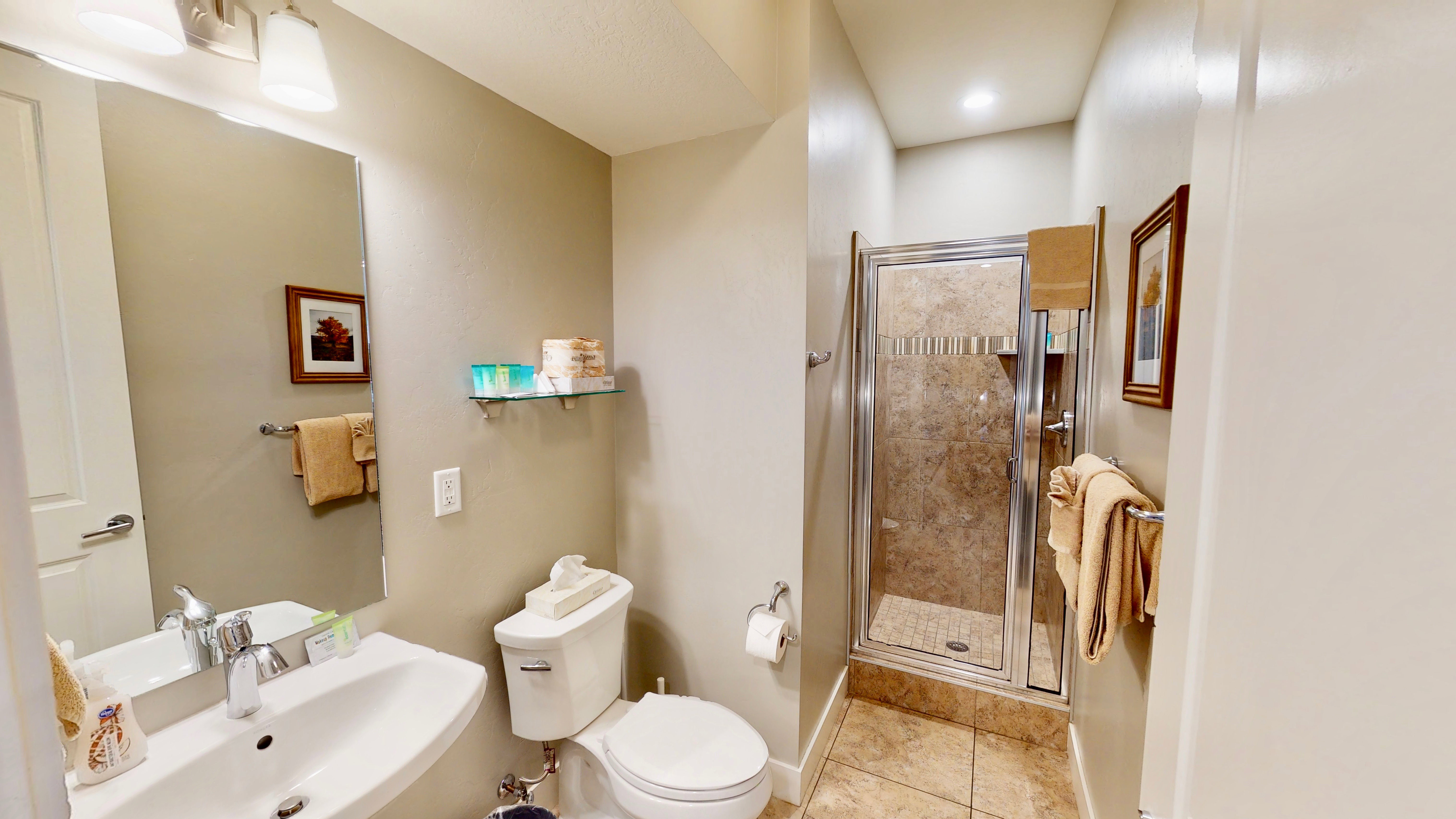 Bathroom featuring a glass-enclosed shower with tile surround, a wall-mounted sink, a toilet, a vanity mirror, and overhead lighting