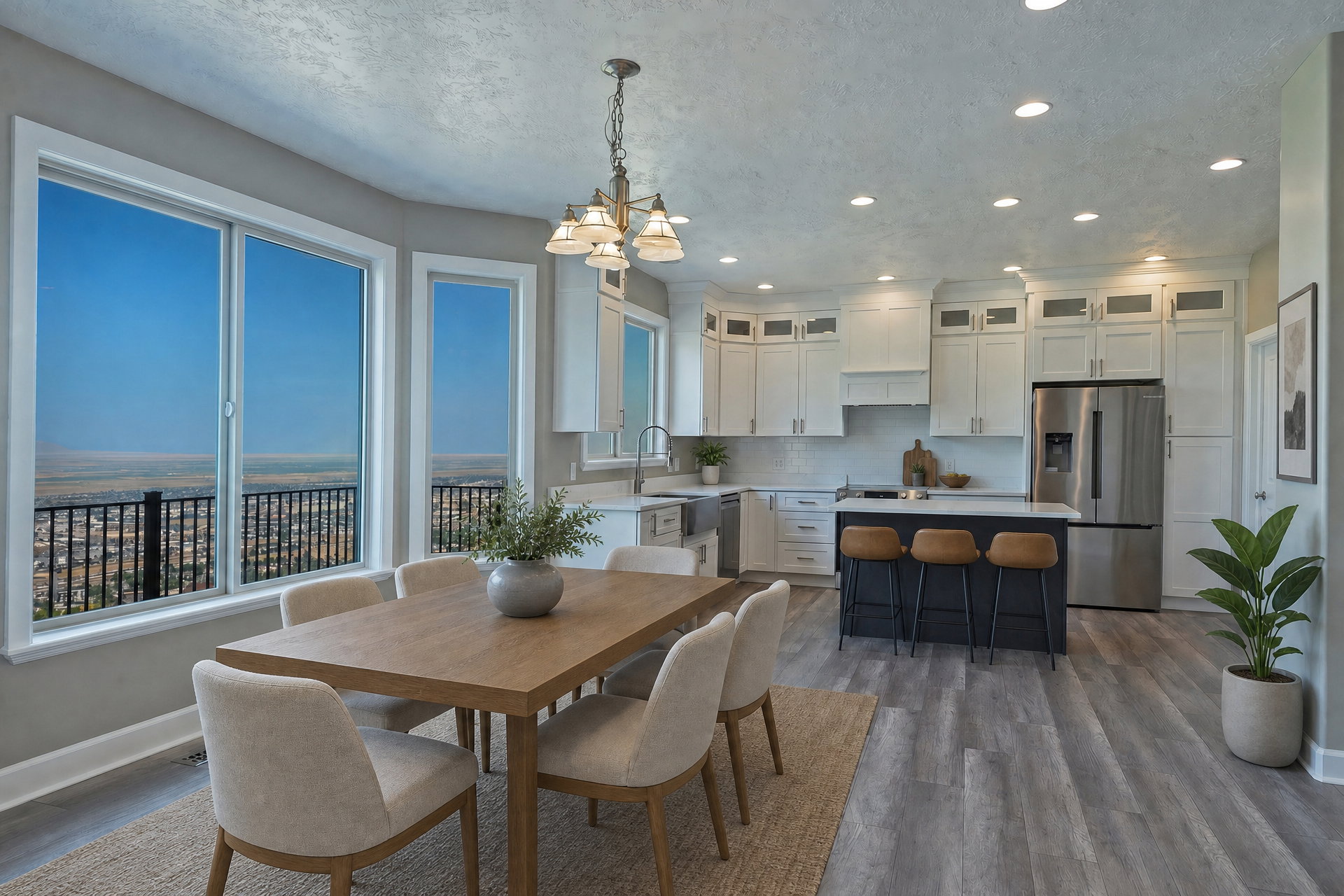 Open-concept kitchen and dining area featuring a built-in kitchen island with seating, stainless steel appliances, white cabinetry, and recessed lighting