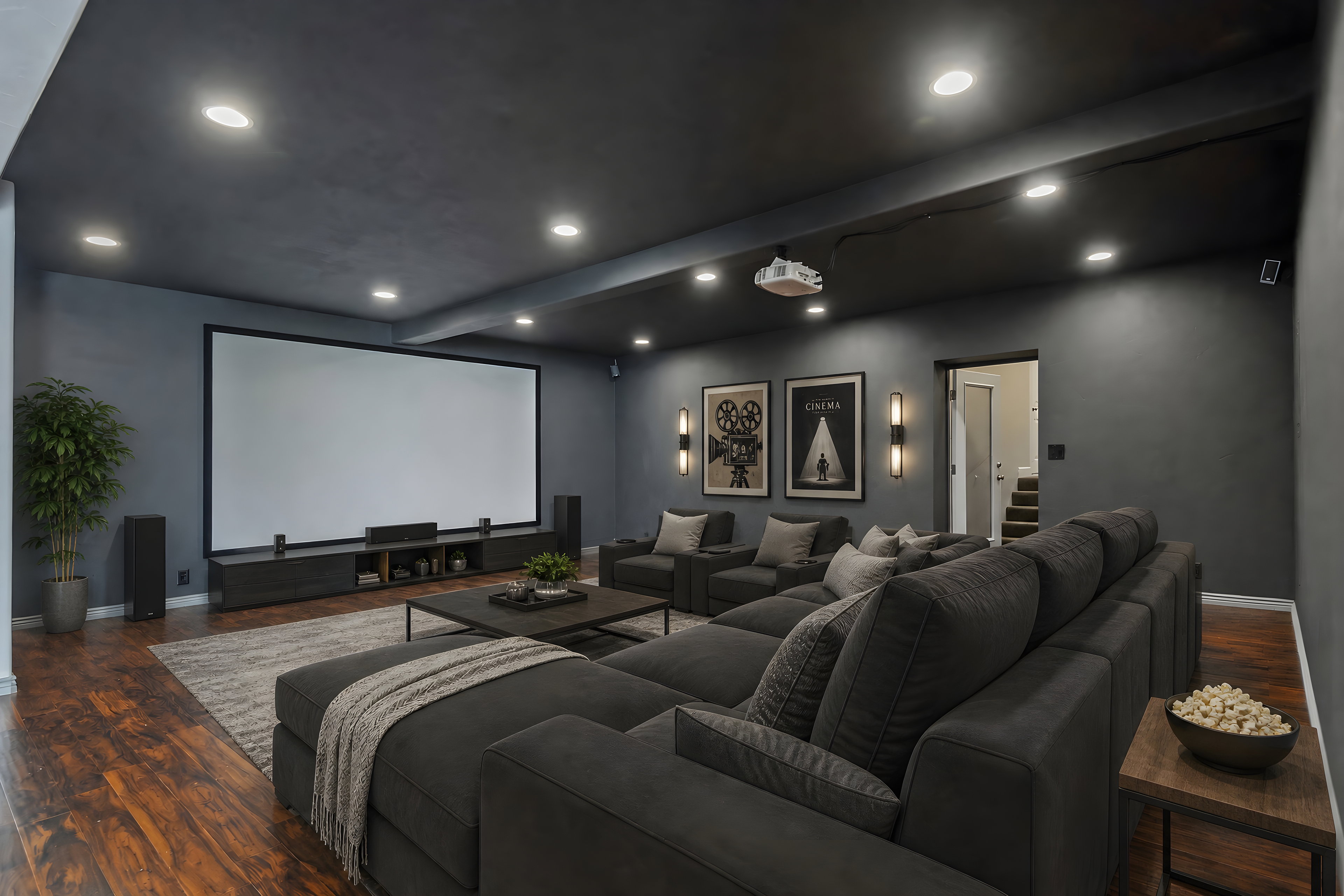 Dedicated media room featuring a large projection screen and wood-finish flooring