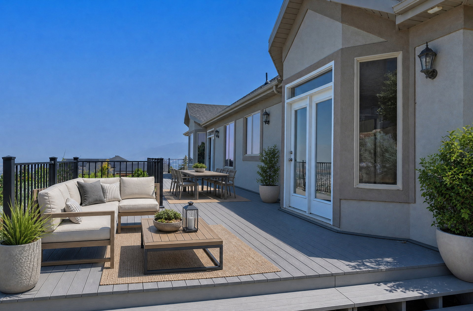 Expansive multi-level composite deck featuring a durable black railing, stucco exterior, and multiple glass-paned French doors