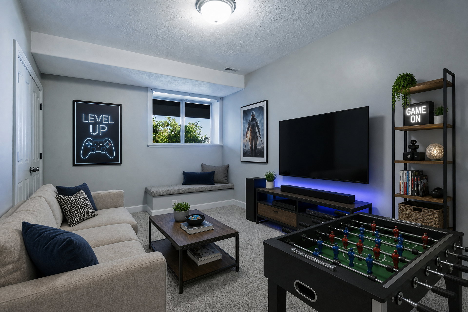 Carpeted recreation area featuring recessed lighting