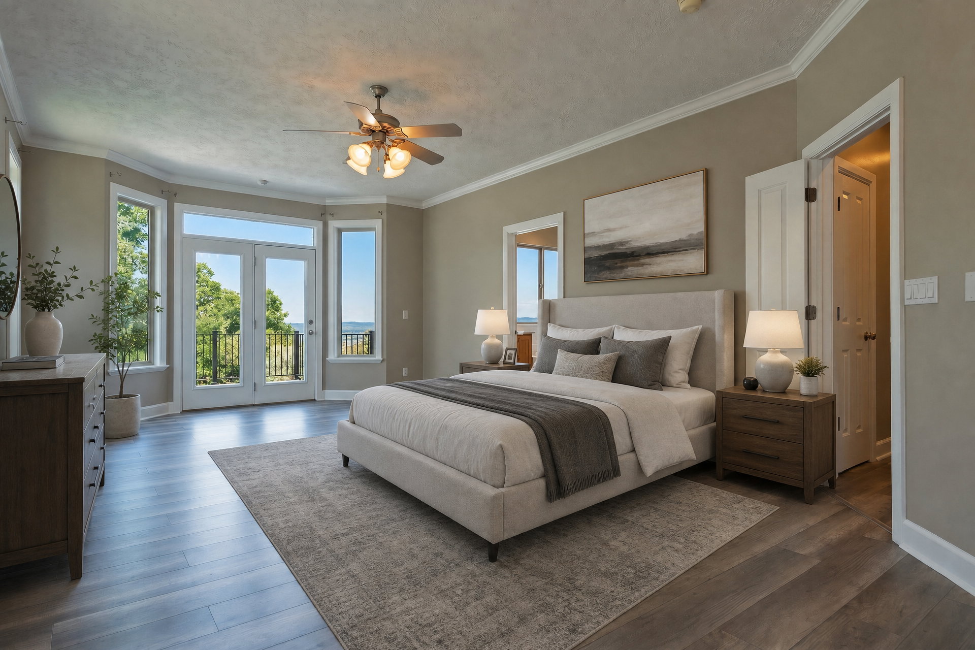 Spacious room featuring wood-finish flooring and a ceiling fan