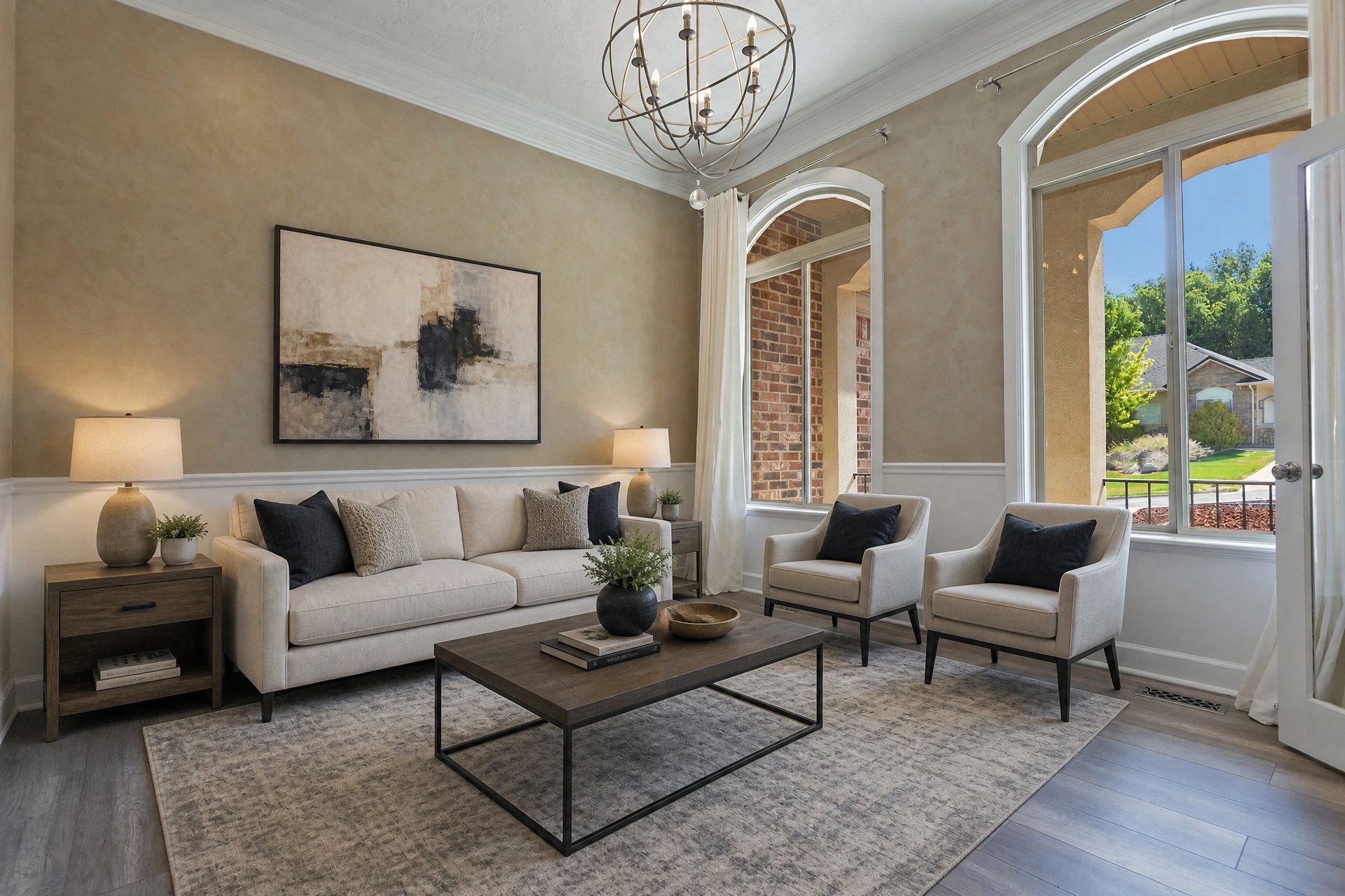 Spacious living area featuring arched windows, crown molding, chair rail molding, wood-finish flooring, and a large spherical chandelier