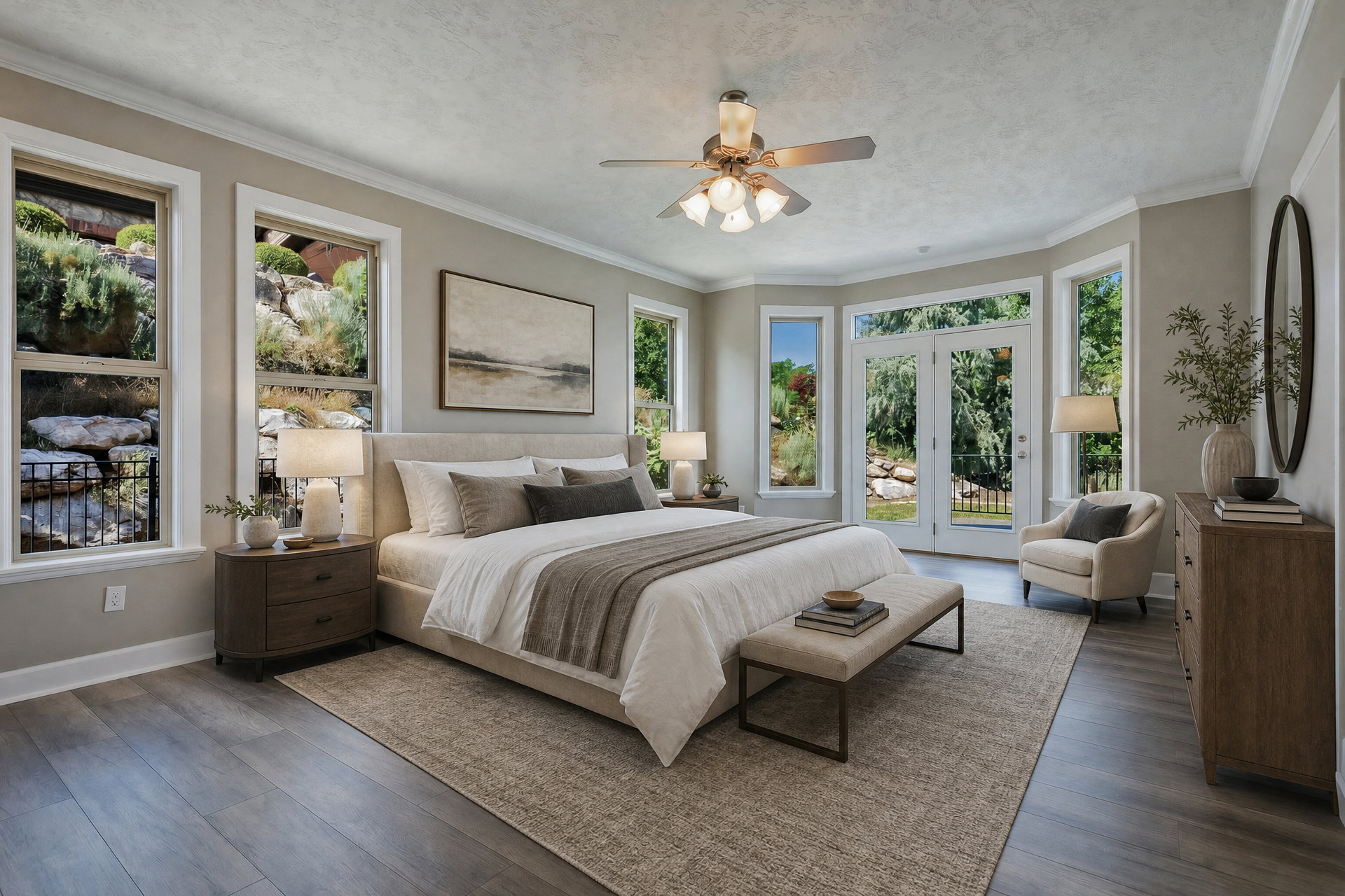 Bedroom featuring wood-finish flooring, a ceiling fan with integrated lighting, and multiple windows