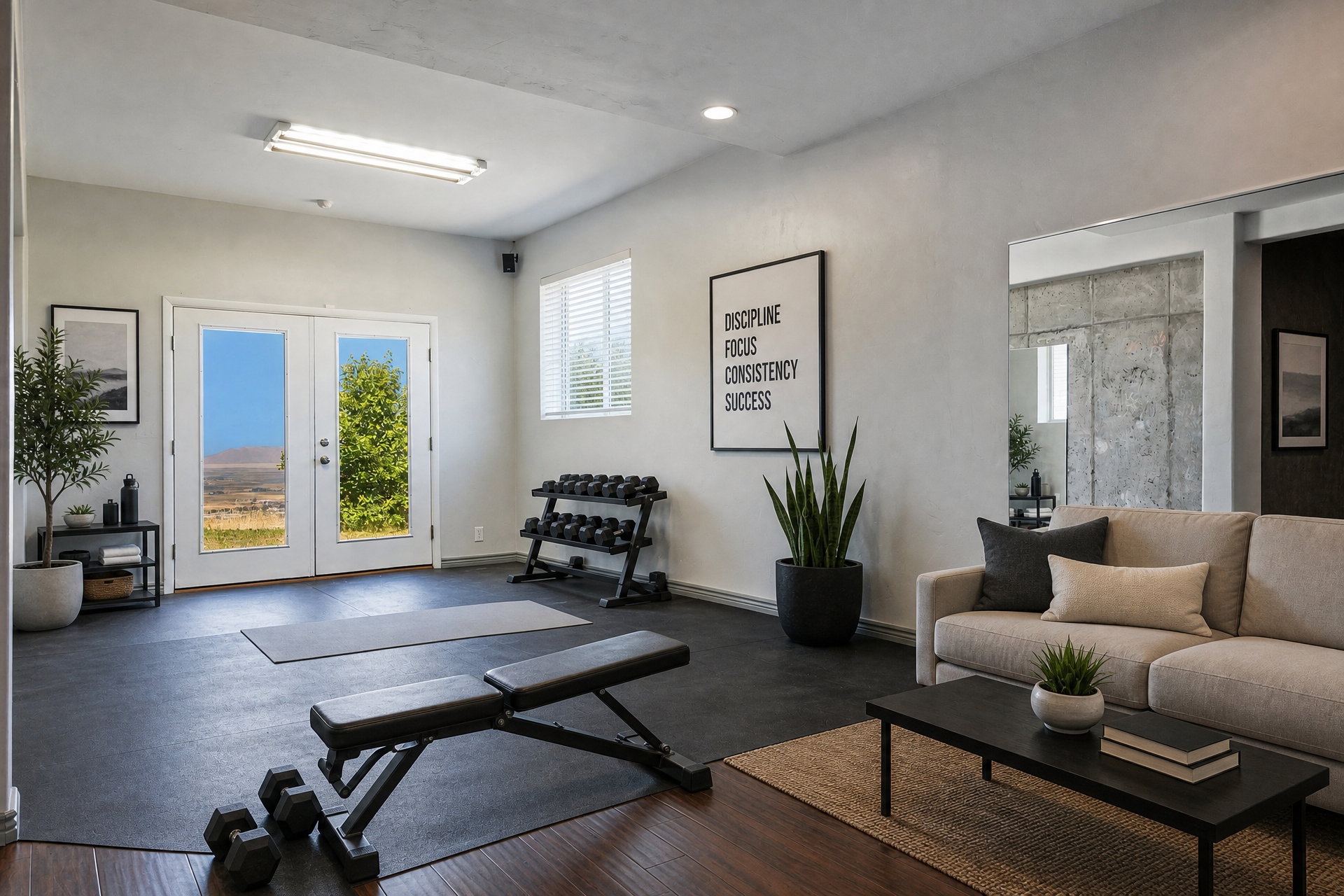 Versatile bonus room featuring rubber flooring, a large window with white blinds, and double glass-paneled doors