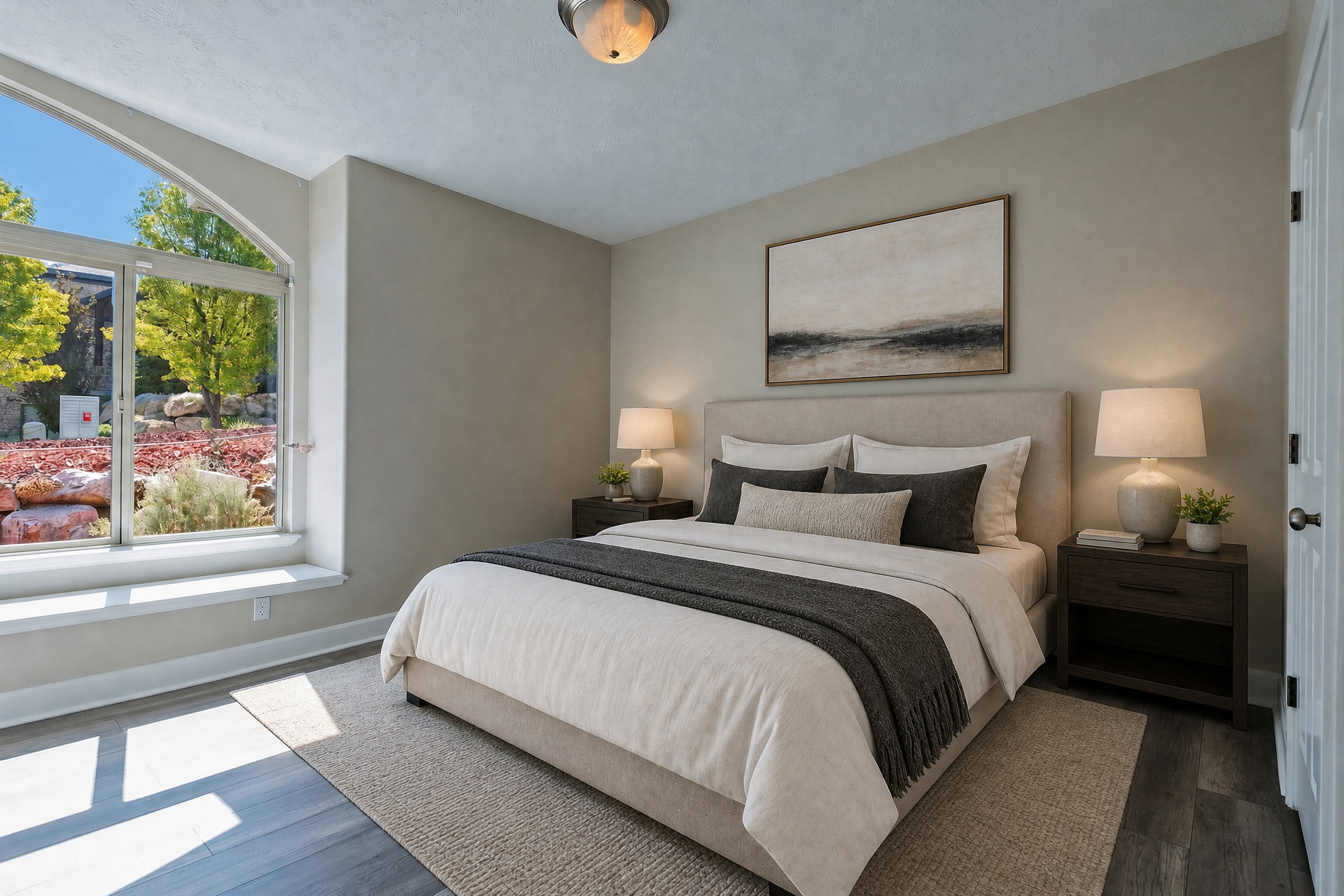 Spacious room featuring a large arched window, wood-finish flooring, and light wall tones
