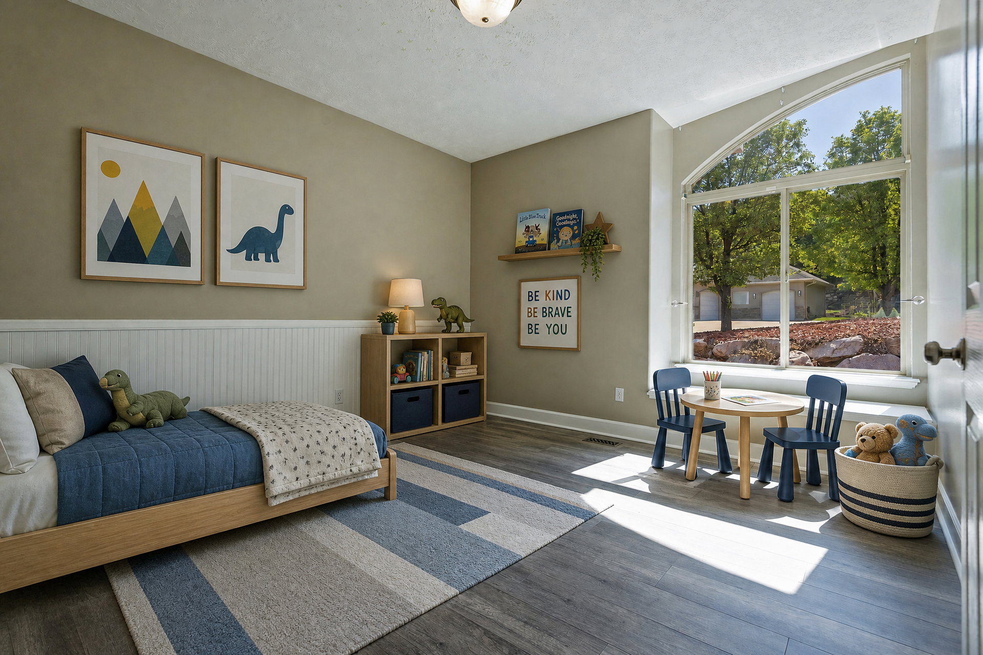Room featuring a large arched window, wood-finish flooring, white wainscoting, and neutral wall tones