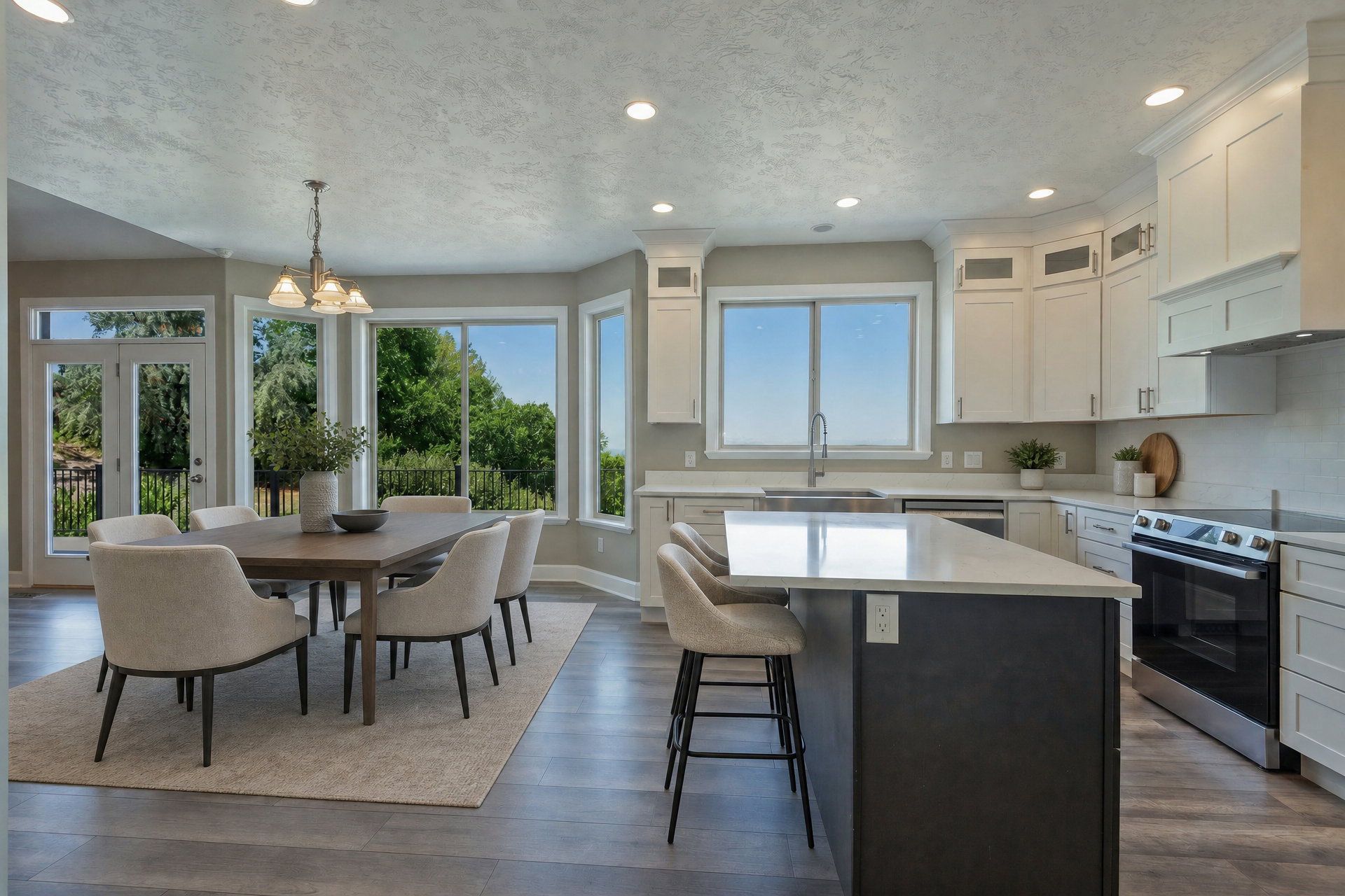 Open-concept living space featuring wood-finish flooring, recessed lighting, and a dining area with a multi-pane glass door leading to an exterior balcony