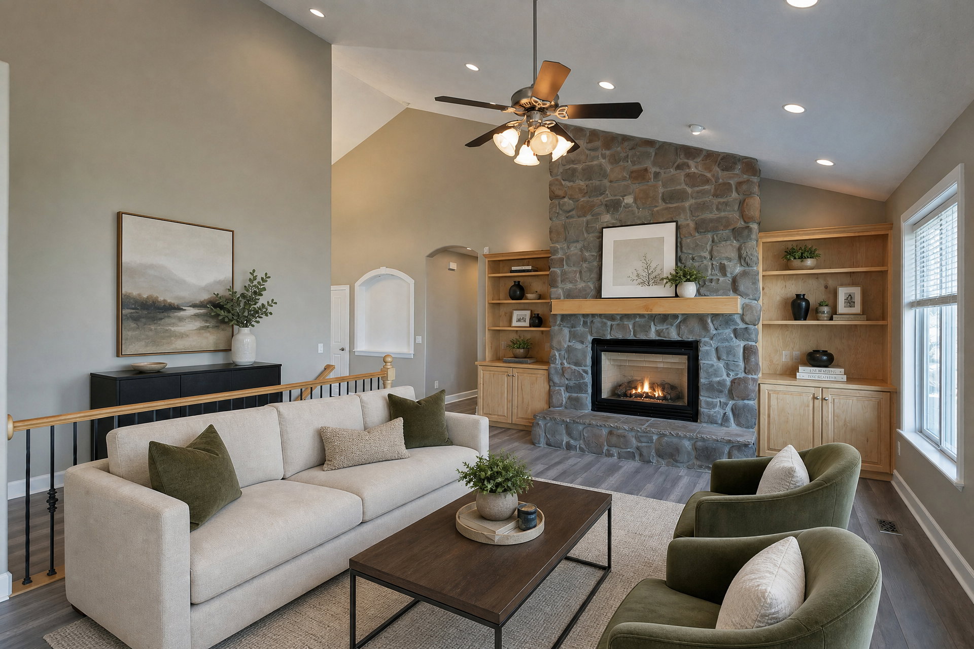 Living space featuring a stone-clad fireplace with a wood mantel, built-in shelving, high vaulted ceilings, and recessed lighting