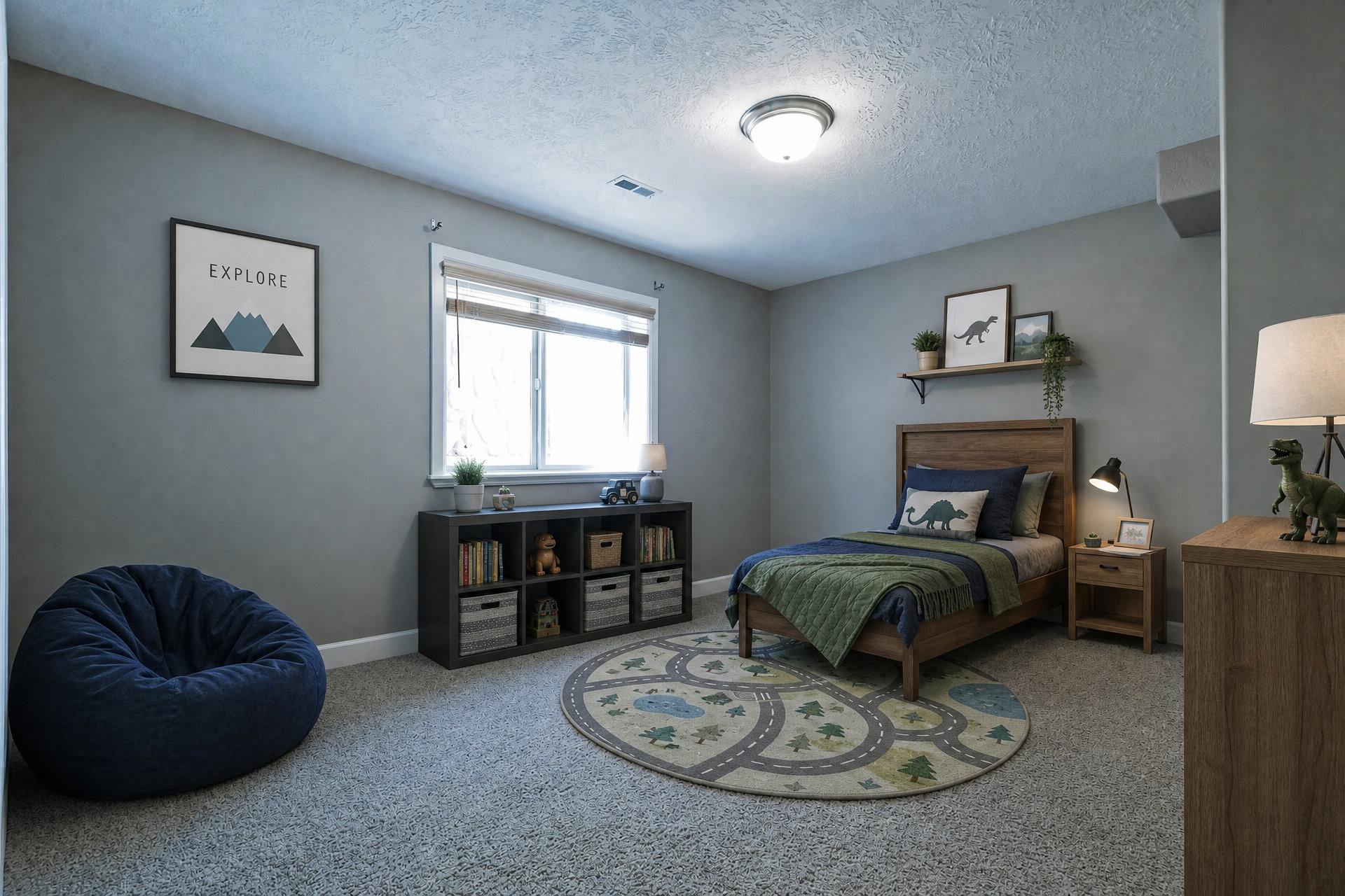 Carpeted room featuring a double-pane window, flush mount ceiling light, and built-in shelving unit