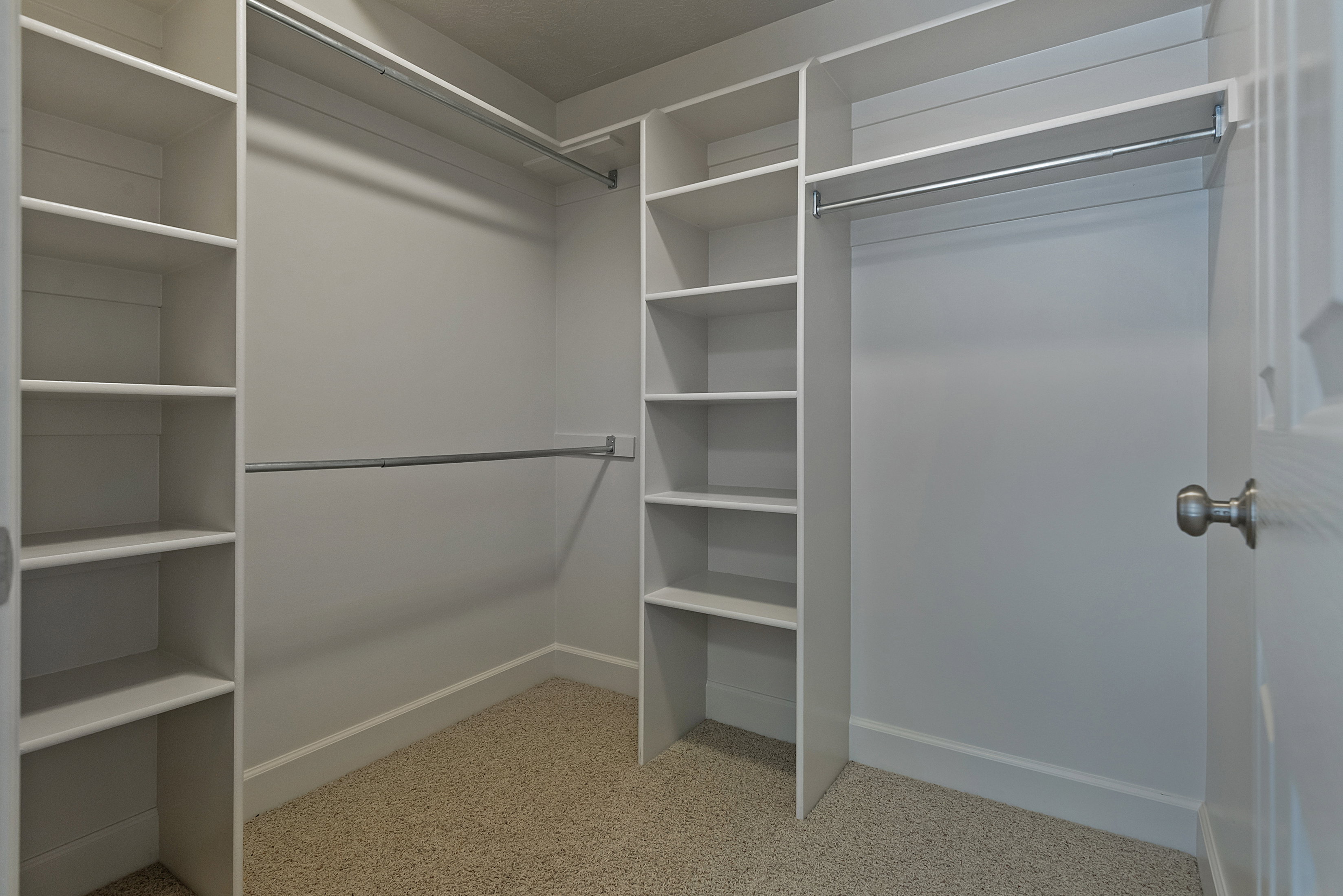 Walk-in closet featuring built-in shelving, multiple hanging rods, and neutral carpet flooring