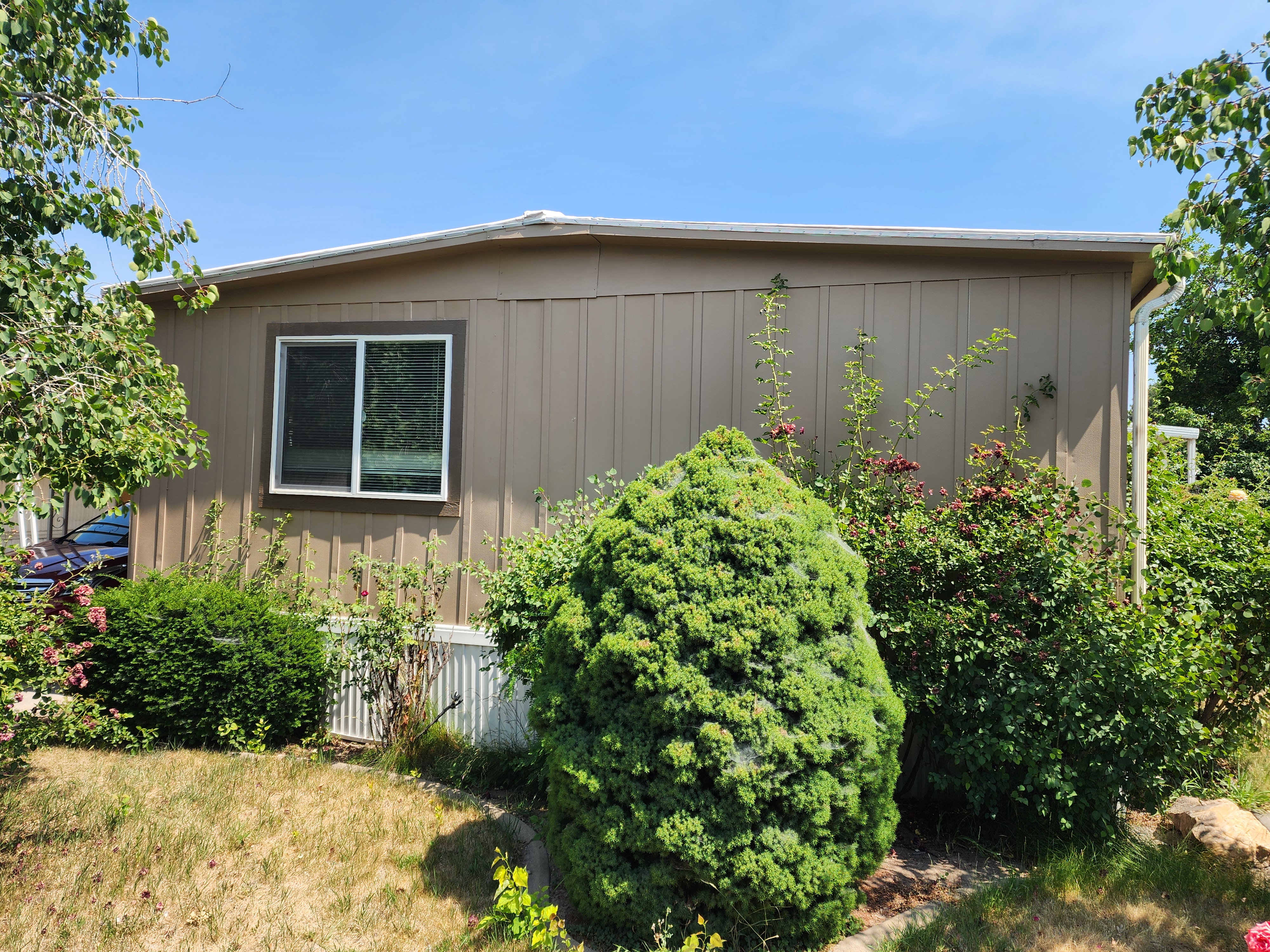 Property exterior featuring beige vertical panel siding and a white-framed window