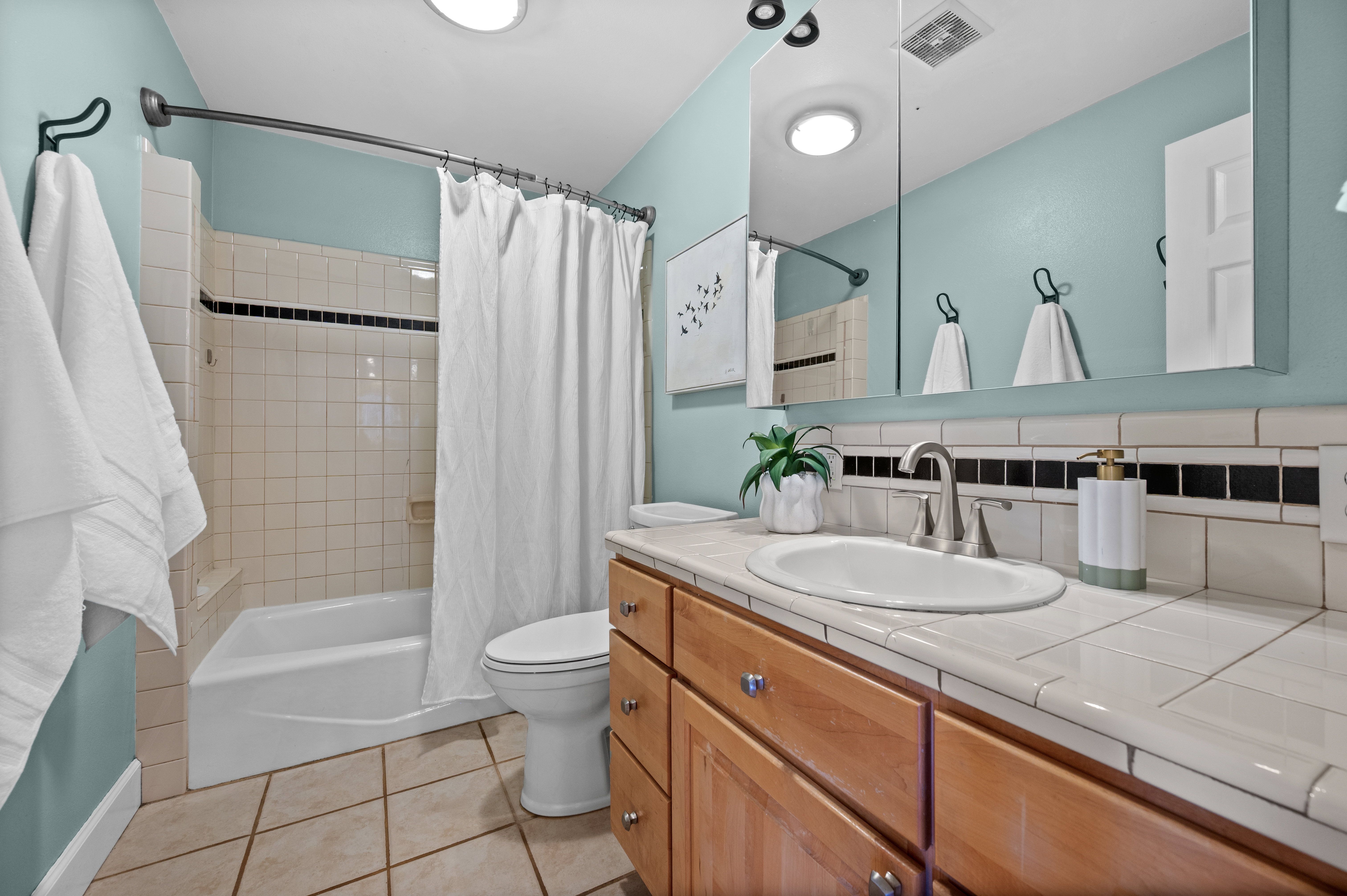 Full bathroom featuring a single vanity with wood cabinetry, a tiled countertop, and an integrated sink