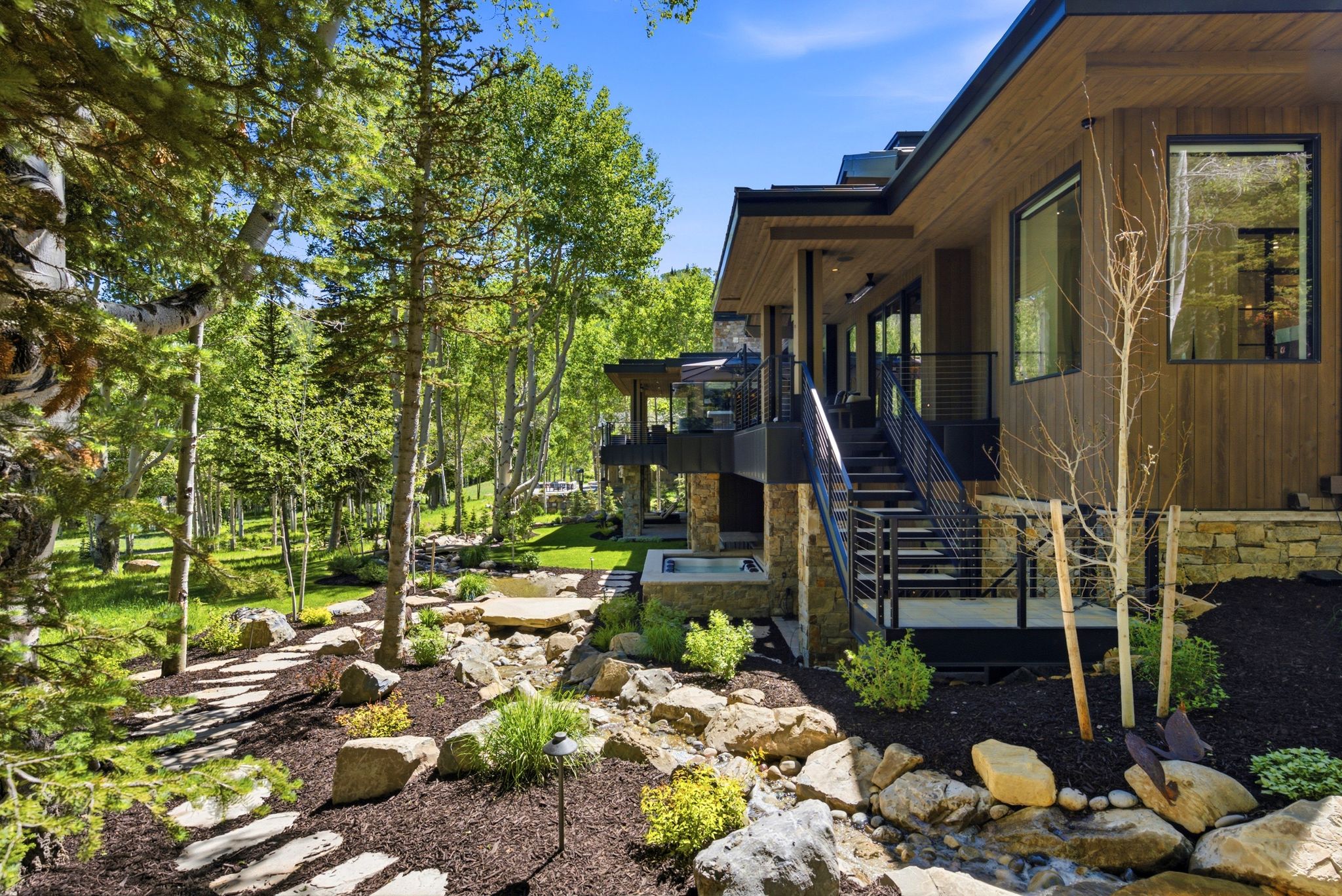 Contemporary wood-sided exterior with stone foundation accents