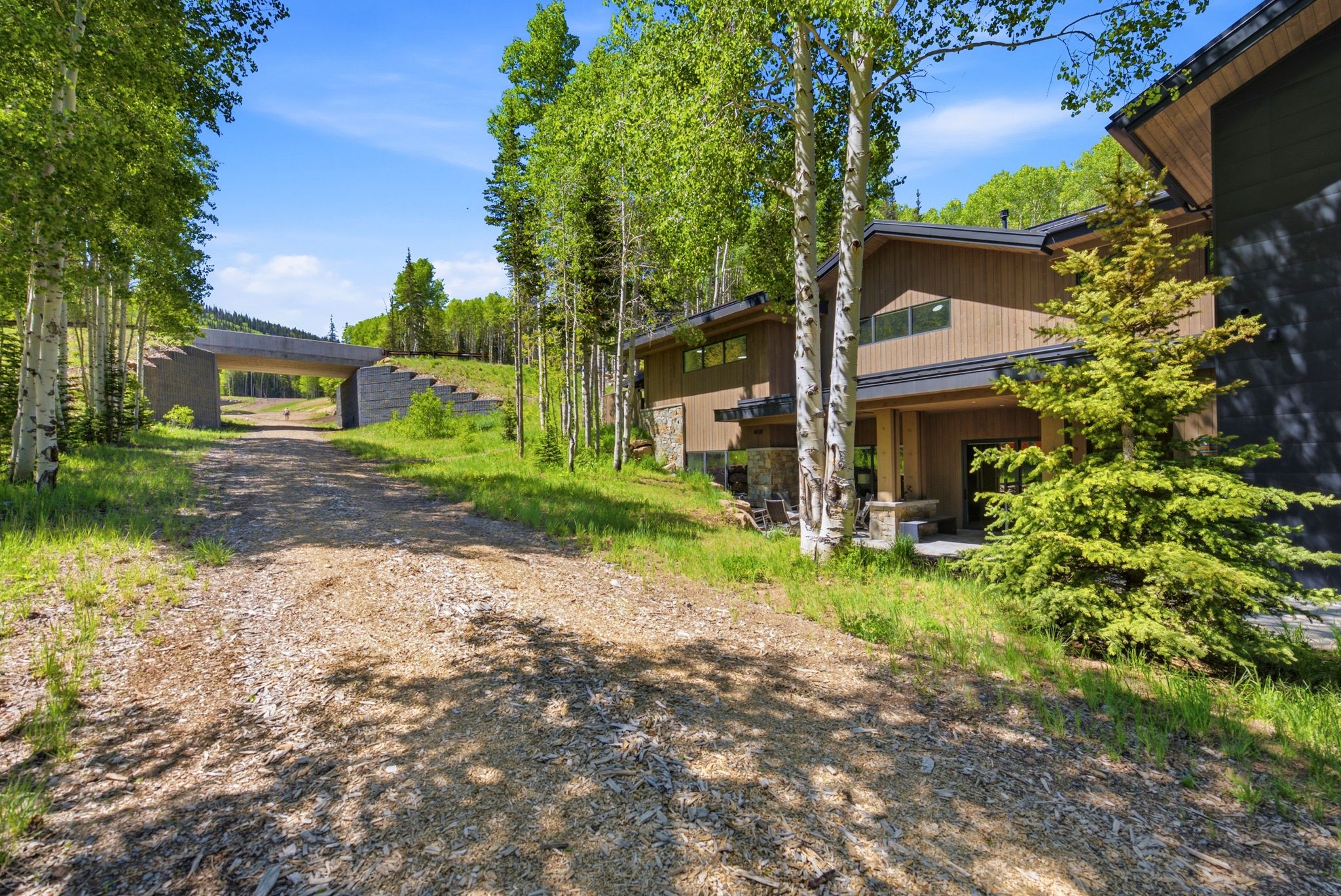 Contemporary exterior with wood-tone siding and dark accent panels