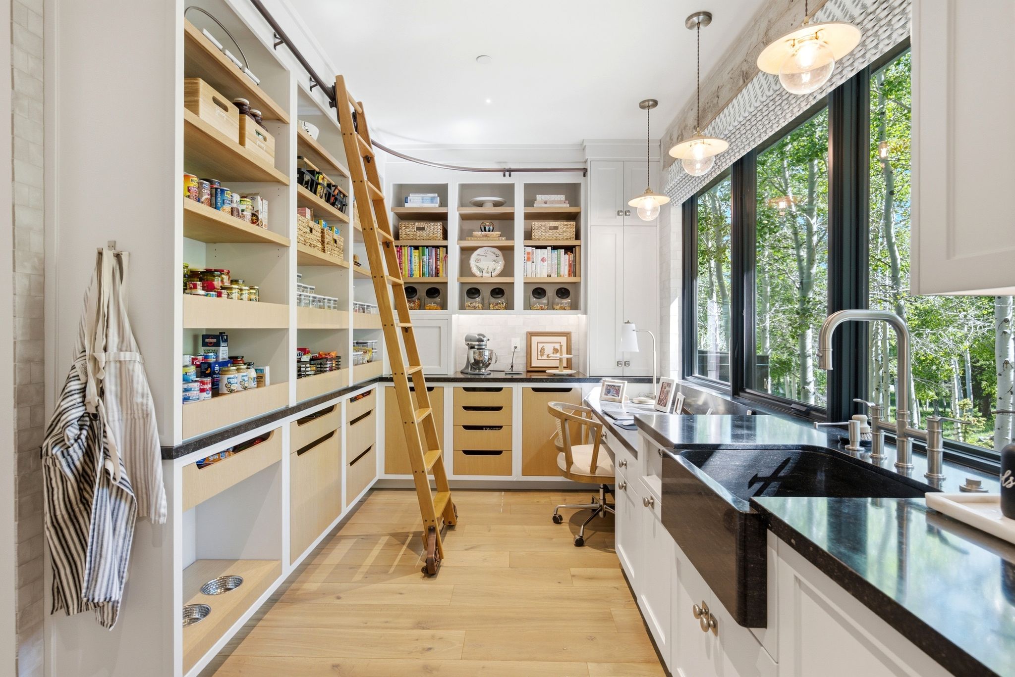 Custom pantry featuring extensive built-in shelving, a rolling library ladder, and light wood-finish flooring