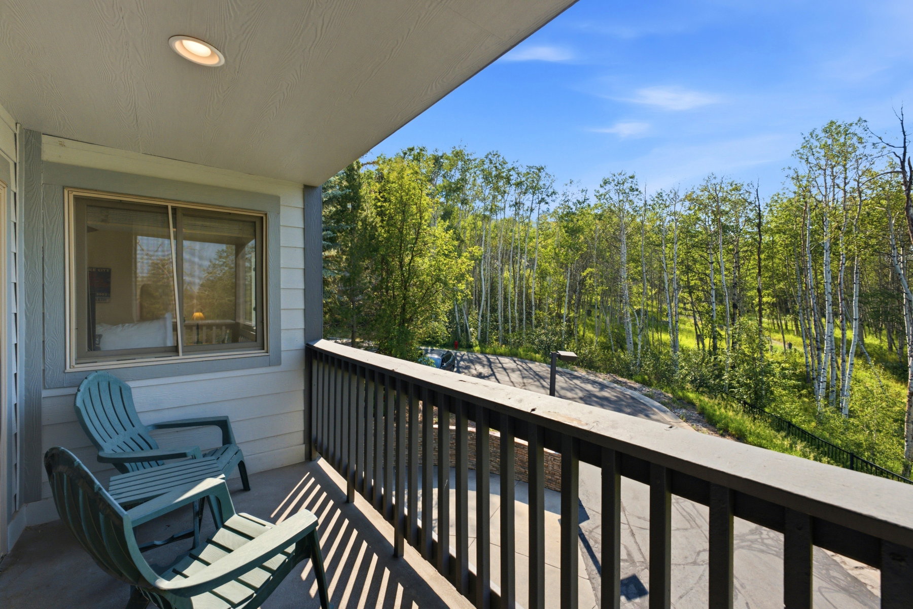 Private balcony with a dark railing and a recessed ceiling light