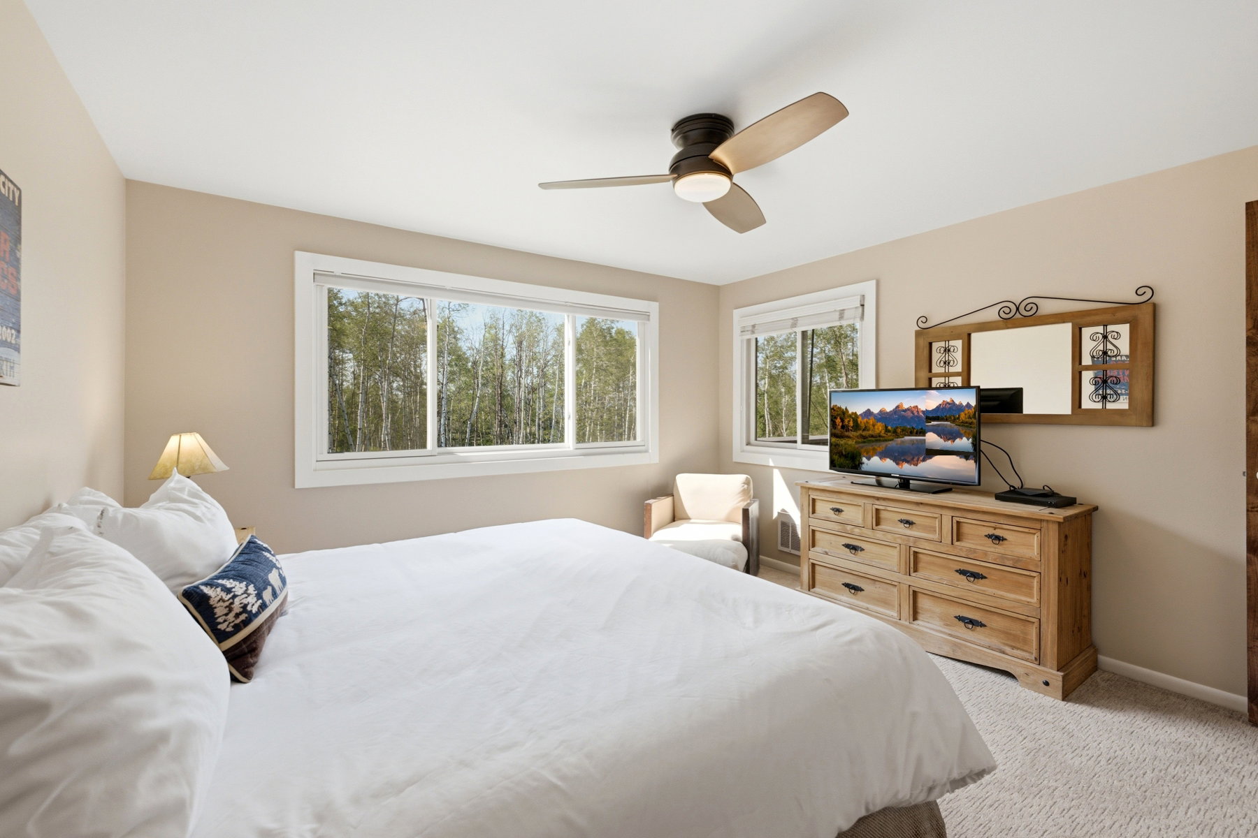 Spacious bedroom with light-colored walls and carpet flooring